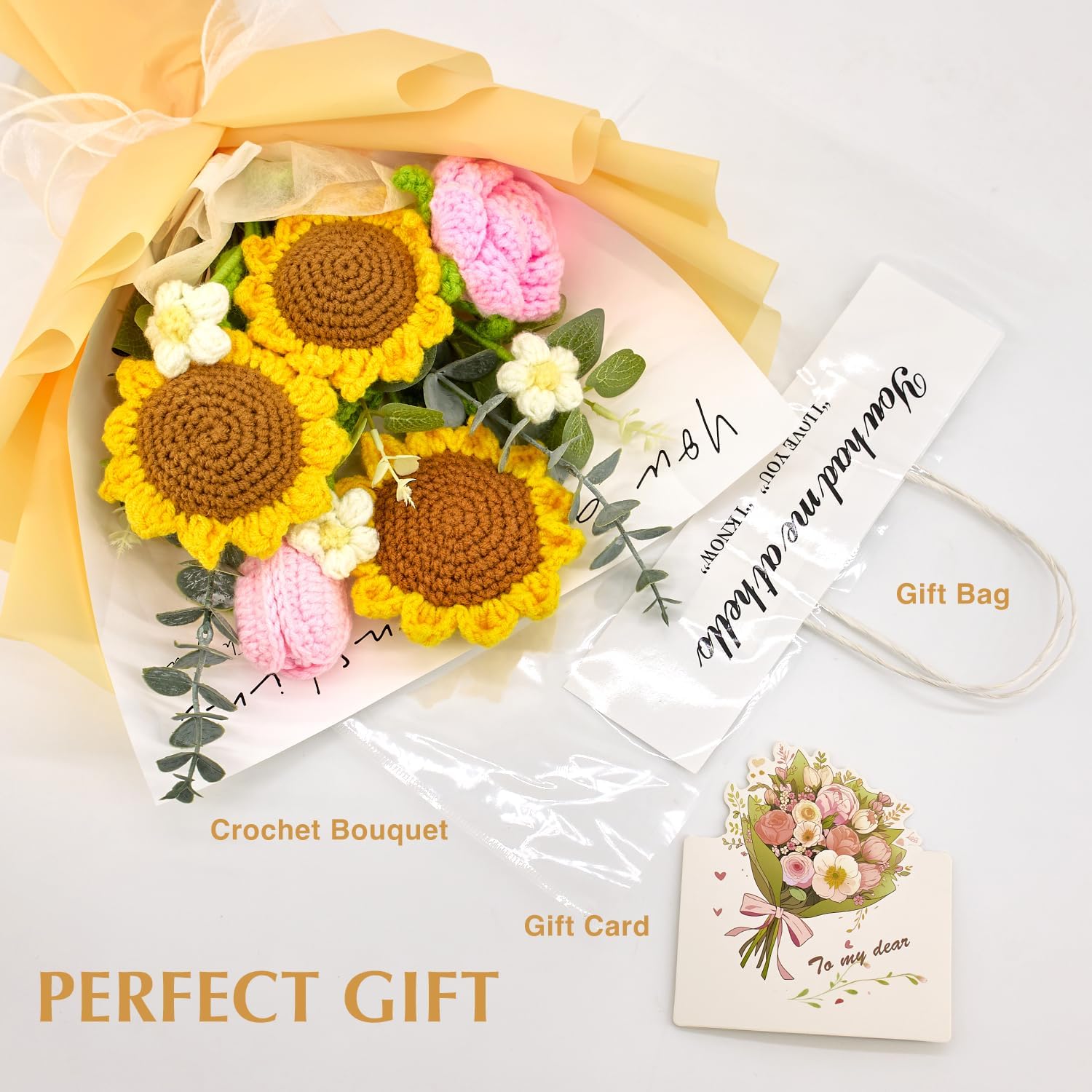 Crochet Flowers, Crochet Flower Bouquet of Sunflowers, Tulips, Roses, Daisy, Crochet Bouquet of Flowers Gifts for Thanksgiving, Christmas, Birthday with Card and Gift Bag