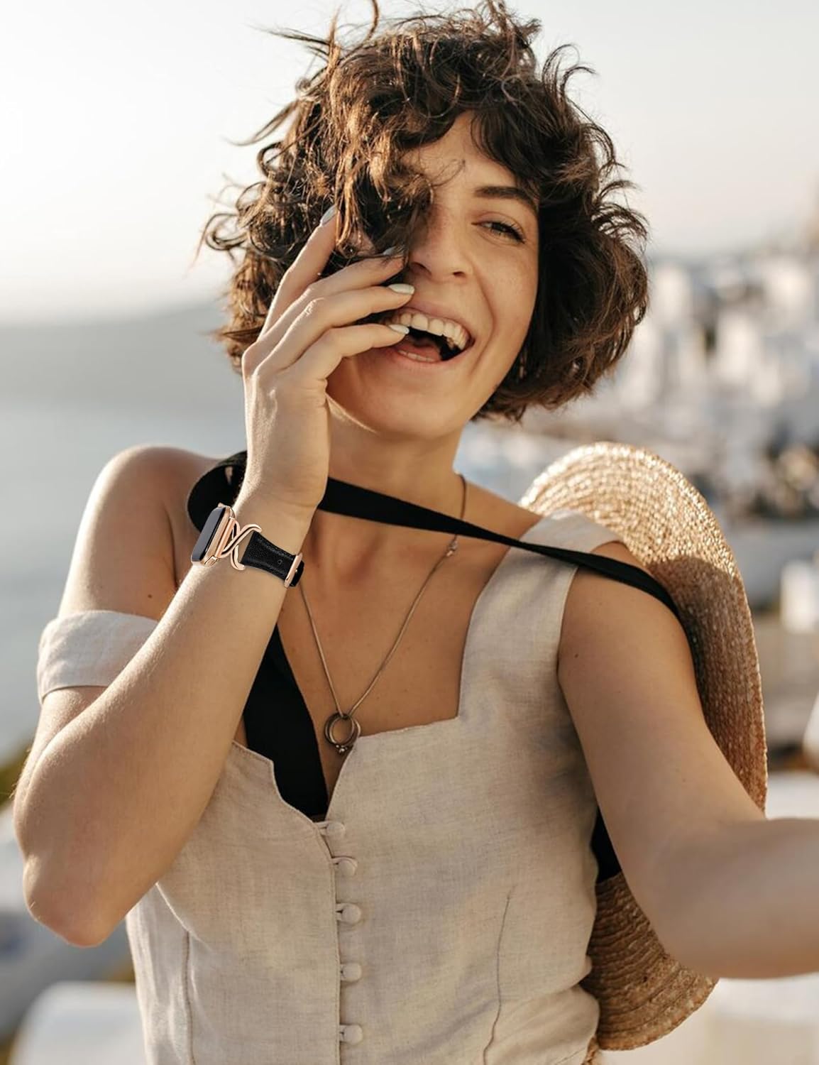 JR.DM Leather Bands Women Compatible with Apple Watch 40mm 38mm 44mm 45mm 41mm 42mm 46mm 49mm Dressy Designer Strap with X-Shaped Metal Crown for iWatch Series Ultra/SE/11/10/9/8/7/6/5/4/3/2/1 Black - Image 7