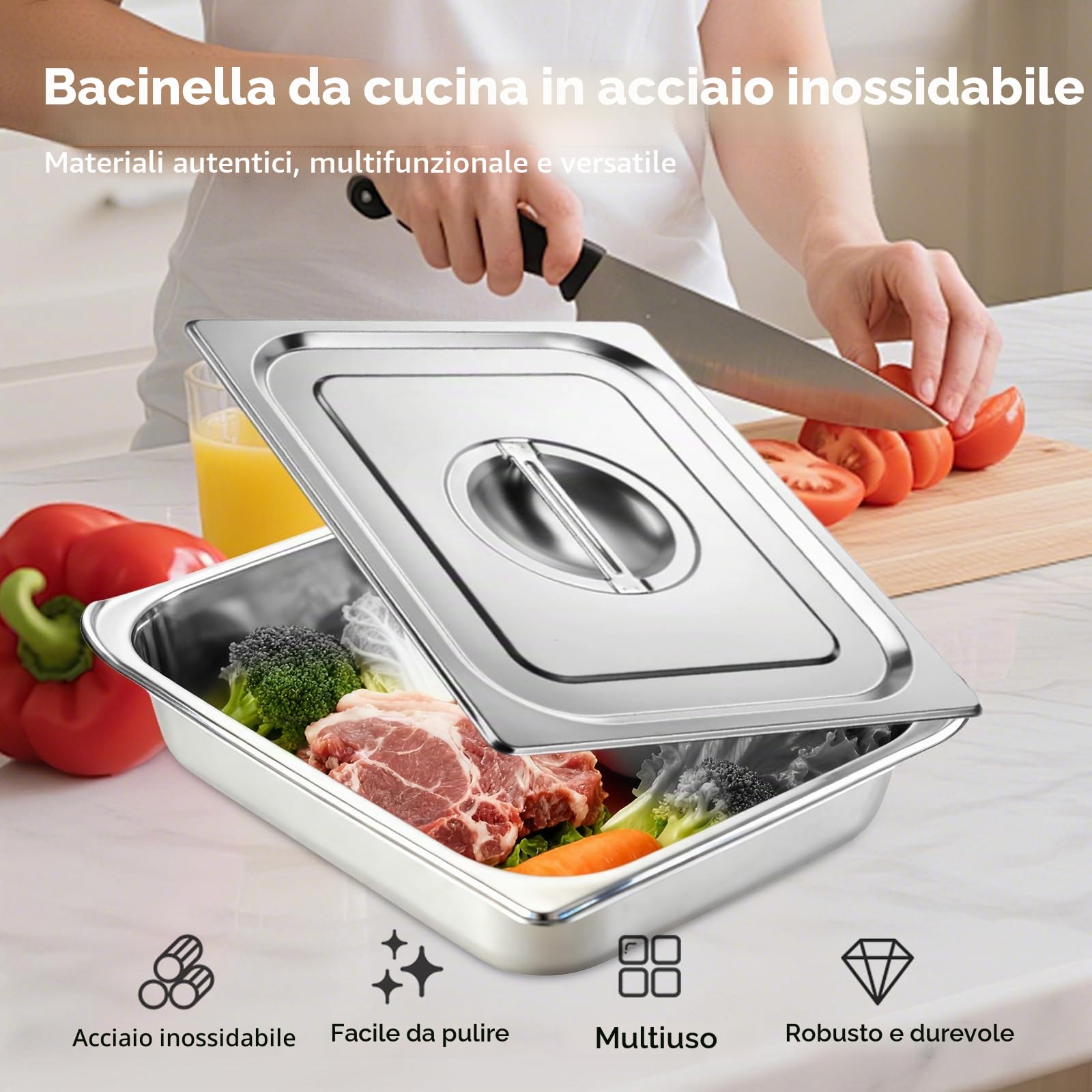 3 Pezzi Vassoio in Acciaio Inox,Teglia Forno Rettangolare con Coperchio,Contenitori per Alimenti Inox,Ciotole per Impanare Inox,Vassoio Acciaio Inox per Marinare Carne,Cotoletta,32,5x26,5x6,5cm
