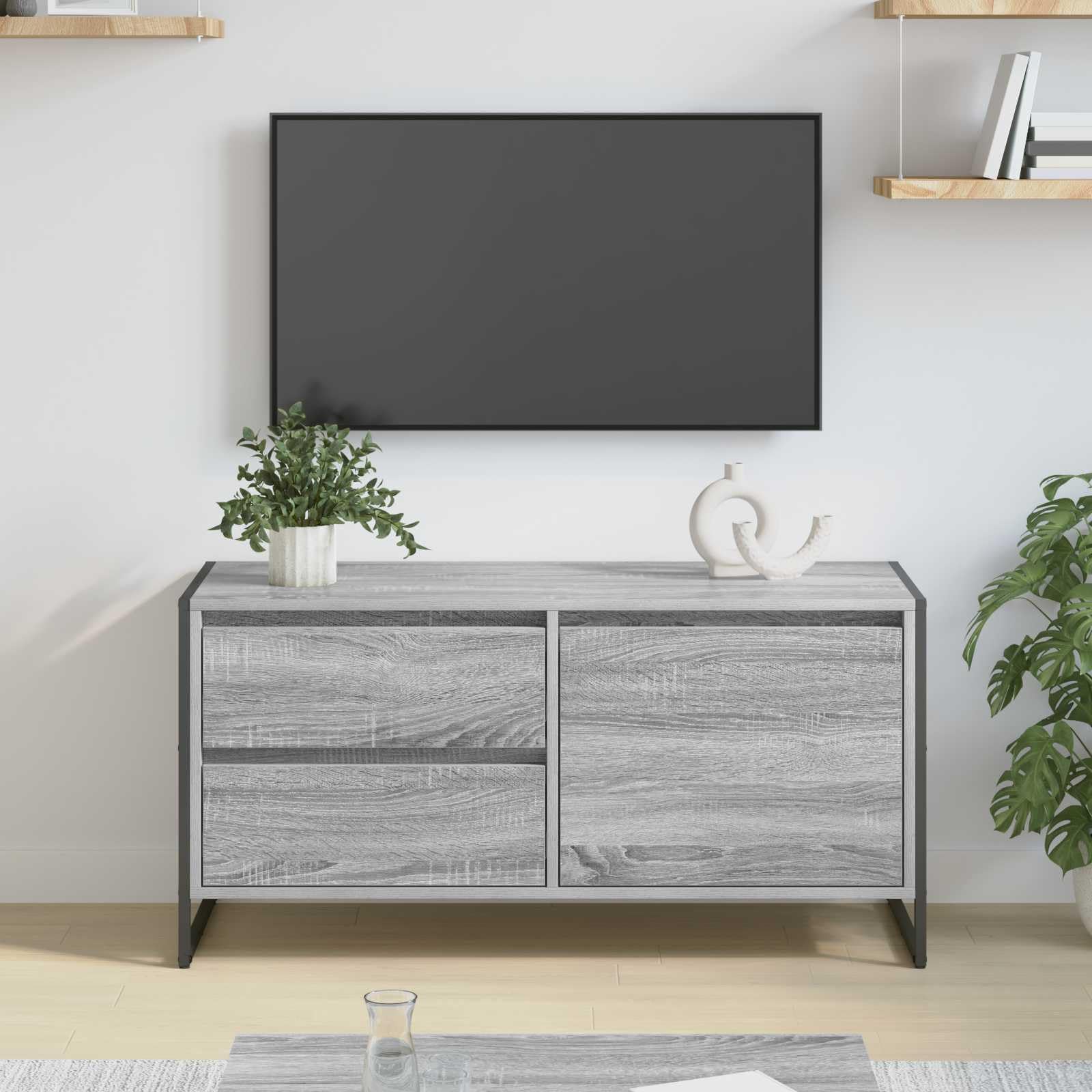 Meble telewizyjne 100 x 36 x 49,5 cm, szary materiał drewnopochodny, konsola medialna z systemem zarządzania kablami i miejscem do przechowywania do salonu, kina domowego