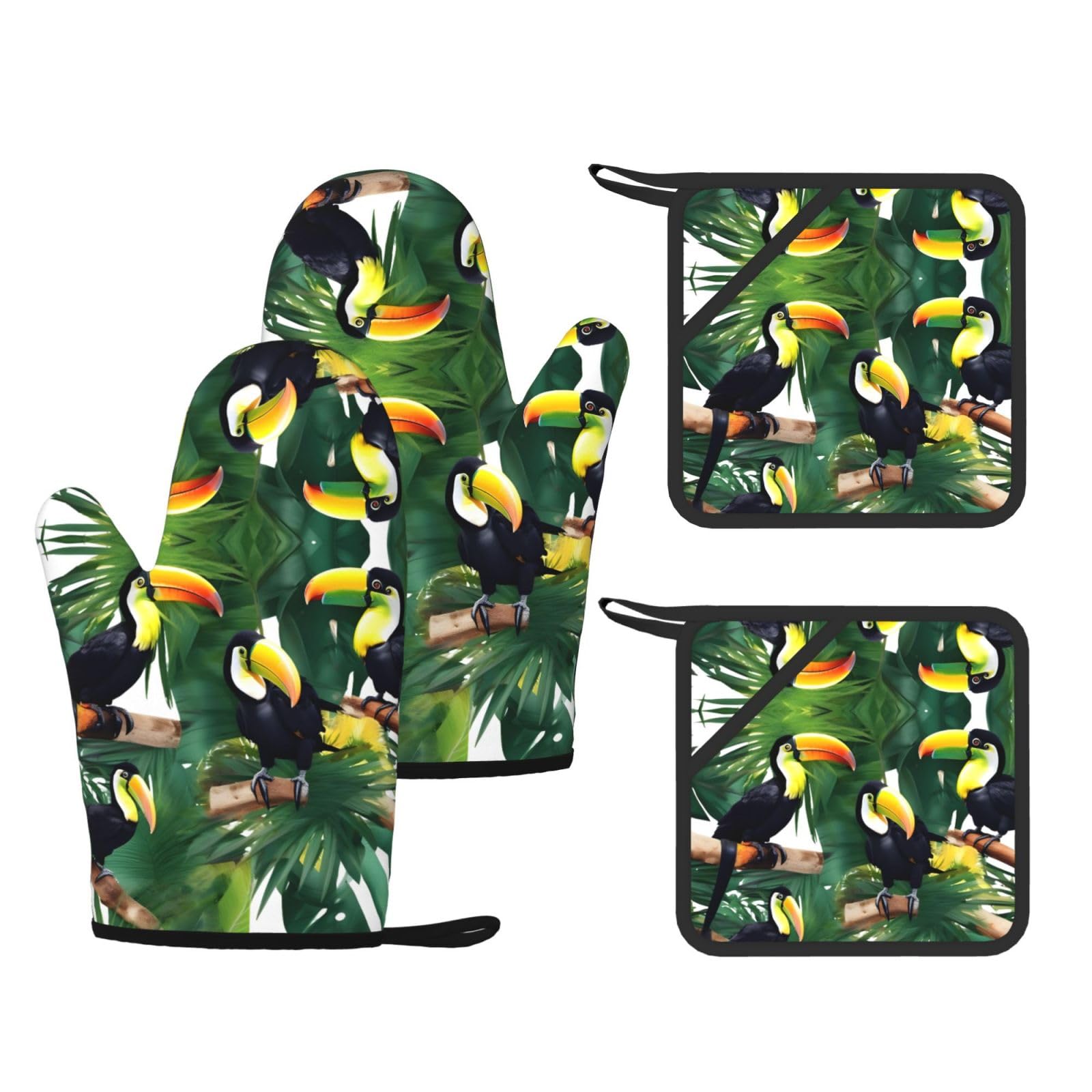 Toucans Parrot Palm Tree Leaves Printed Pot Holders and Oven Mitts 4-Piece, Non-Slip Kitchen Gloves with Utensil Pocket for BBQ