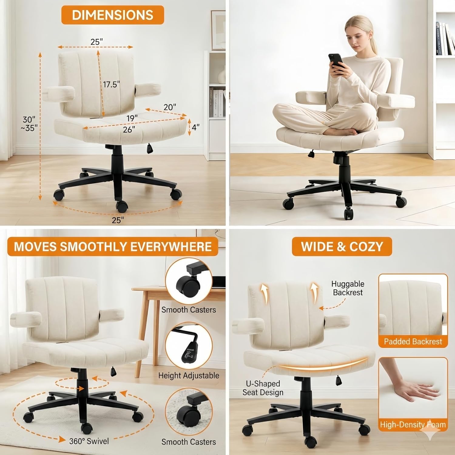 Vigosit Criss Cross Office Chair, Plush Oversized for Cross-Legged Sitting, Adjustable Arms & 360° Swivel Casters - for Home Office, Study, Gaming, Vanity, Comfortable Computer Chair(White)