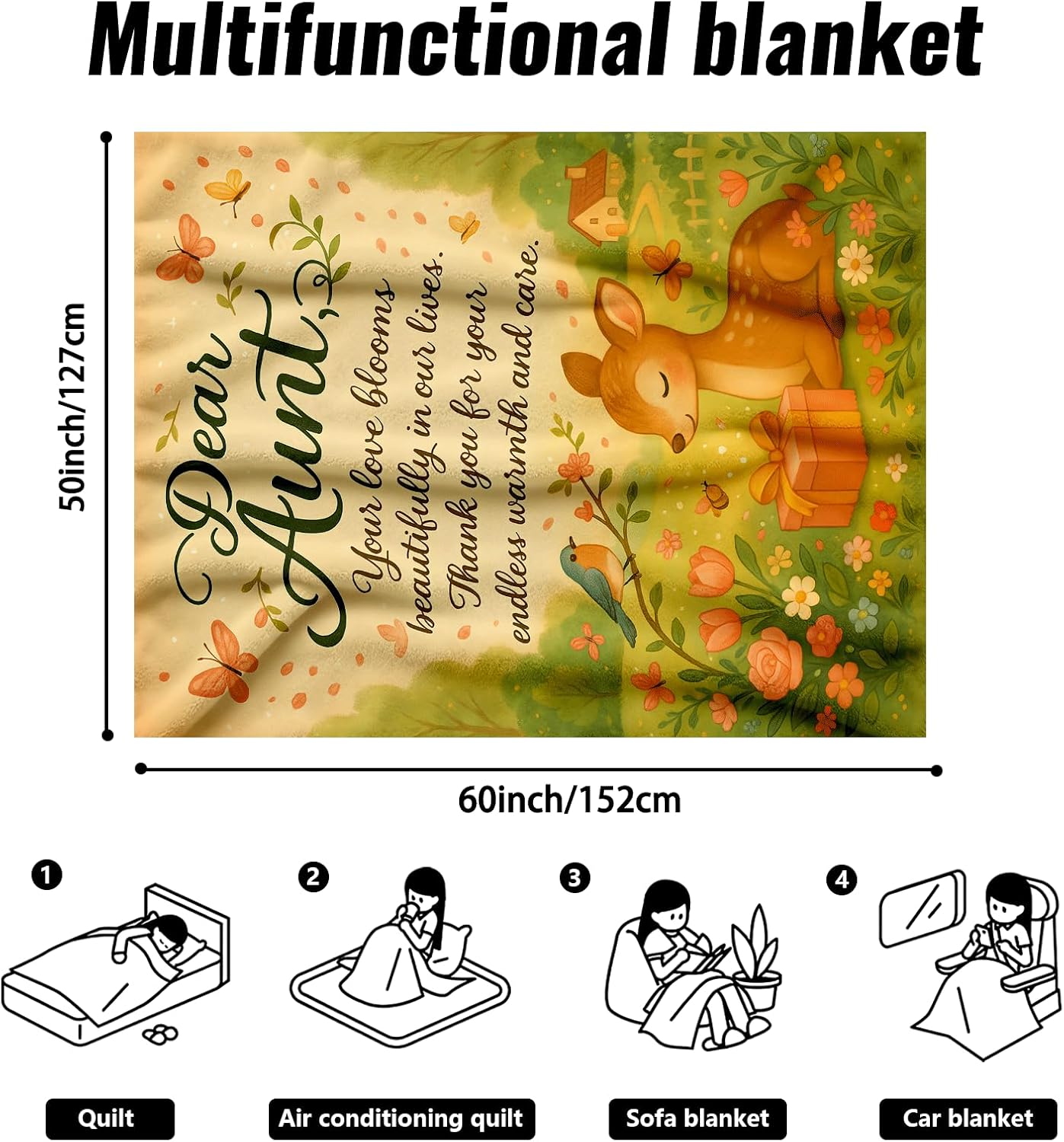 Aunt Gifts Blanket - Birthday Gifts for Auntie from Niece, Woodland Deer Floral Flannel Throw, Sentimental Cozy Auntie Gift, Best Aunt Ever Gifts for Women (60"x50") - Image 6