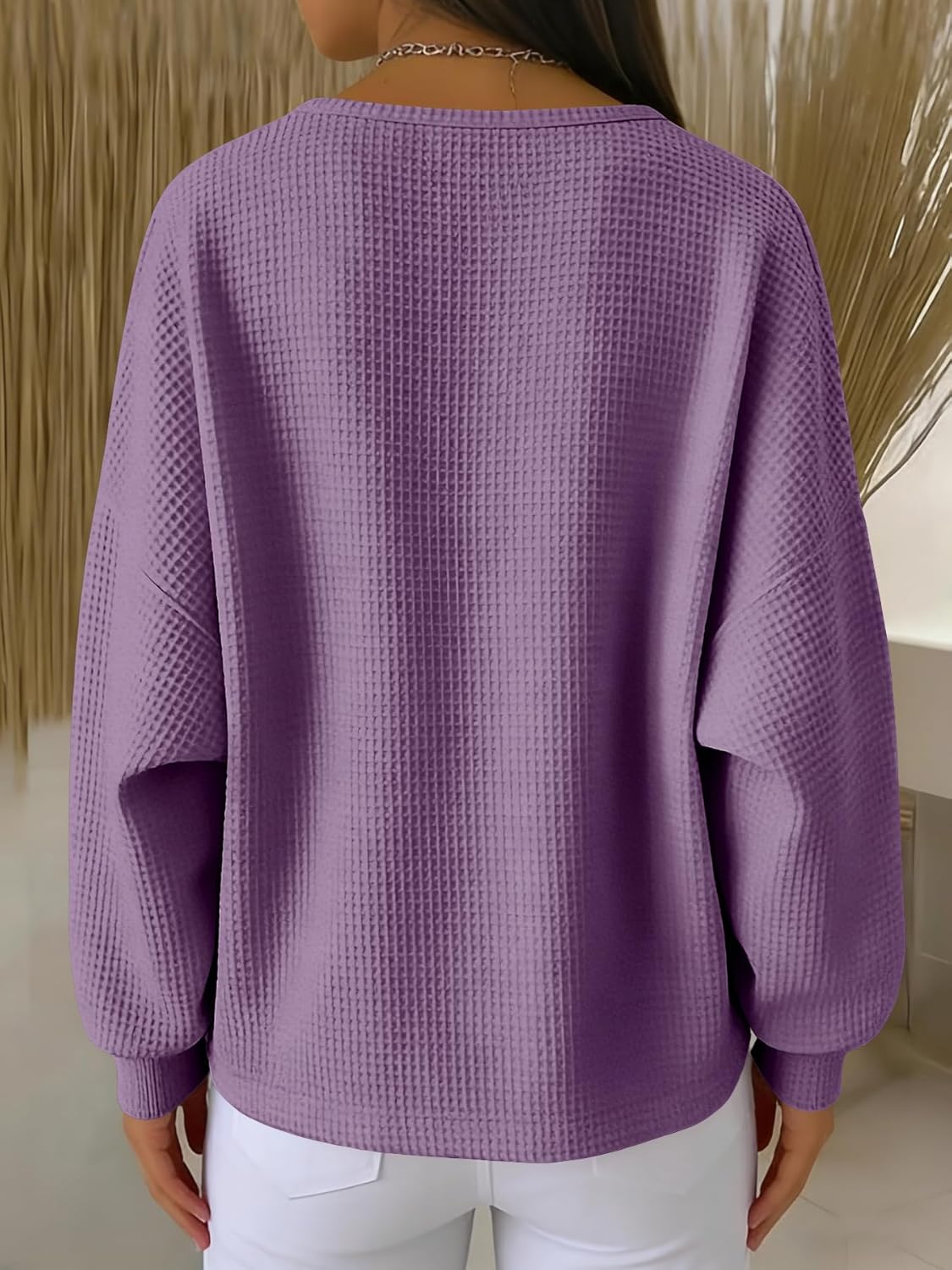 Women's Waffle Knit Sweater V-Neck Long Sleeve Pullover Loose Fit Casual Top with Button Detail - Image 5