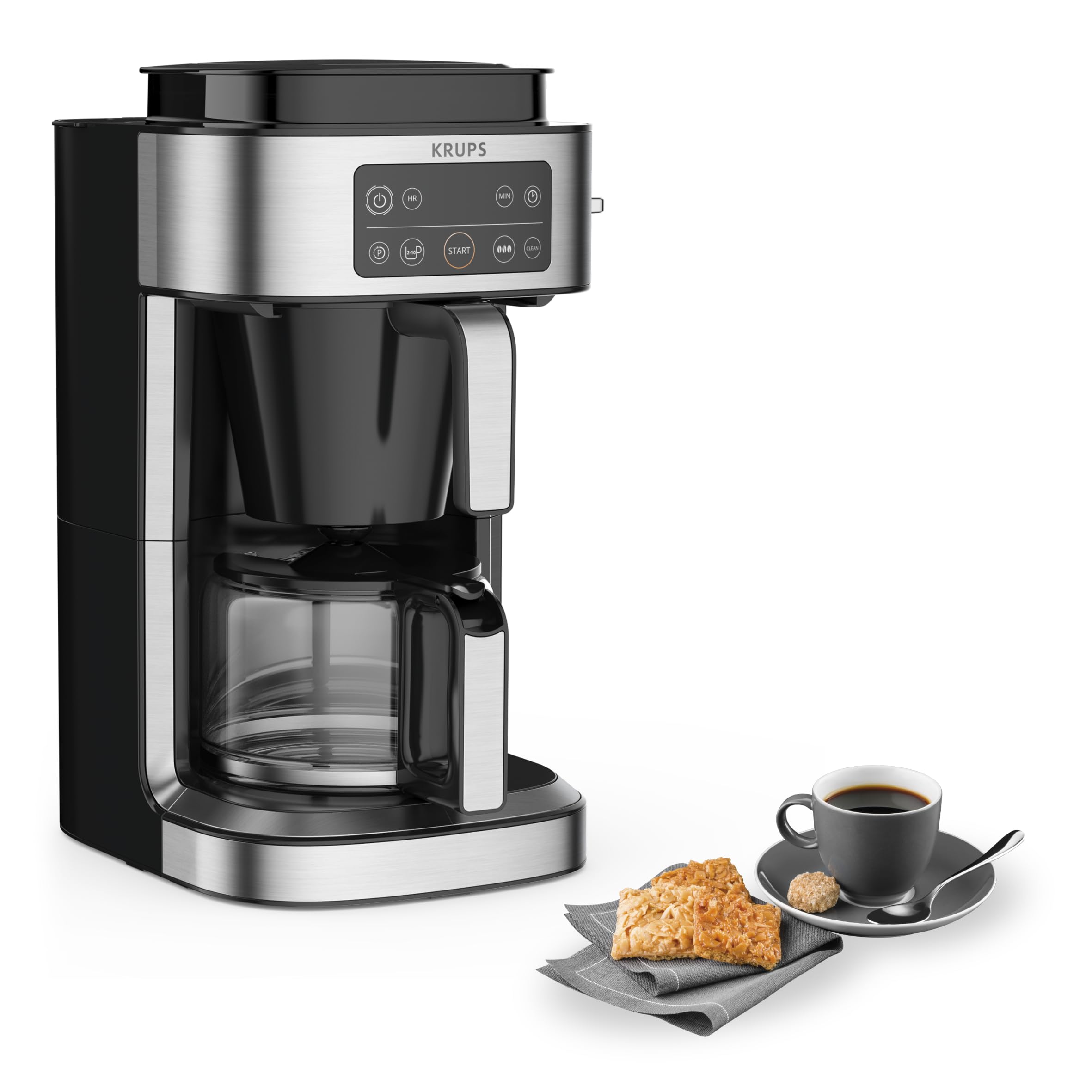 Krups KM760D Aroma Partner Filterkaffeemaschine, herausnehmbare, luftdichte Kaffee-Vorratsbox, präzise Kaffee-Portionierung mit Dosierhebel, für 2-10 Tassen, 1,25 Liter Kapazität, schwarz/silber