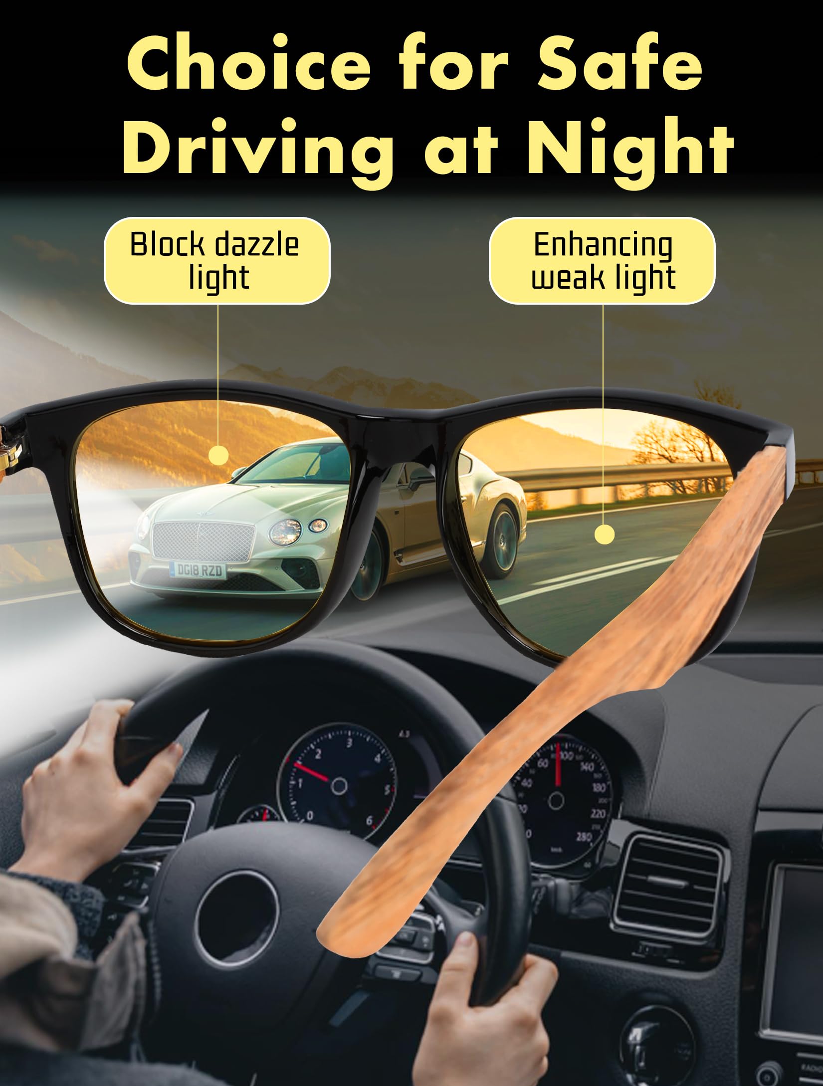 Lunettes en Bois Homme Femmes: Protection UV400, Conduite | Réduit l'Éblouissement des Phares pour Pluie Brouillard - Verres Jaunes - Non Polarisées