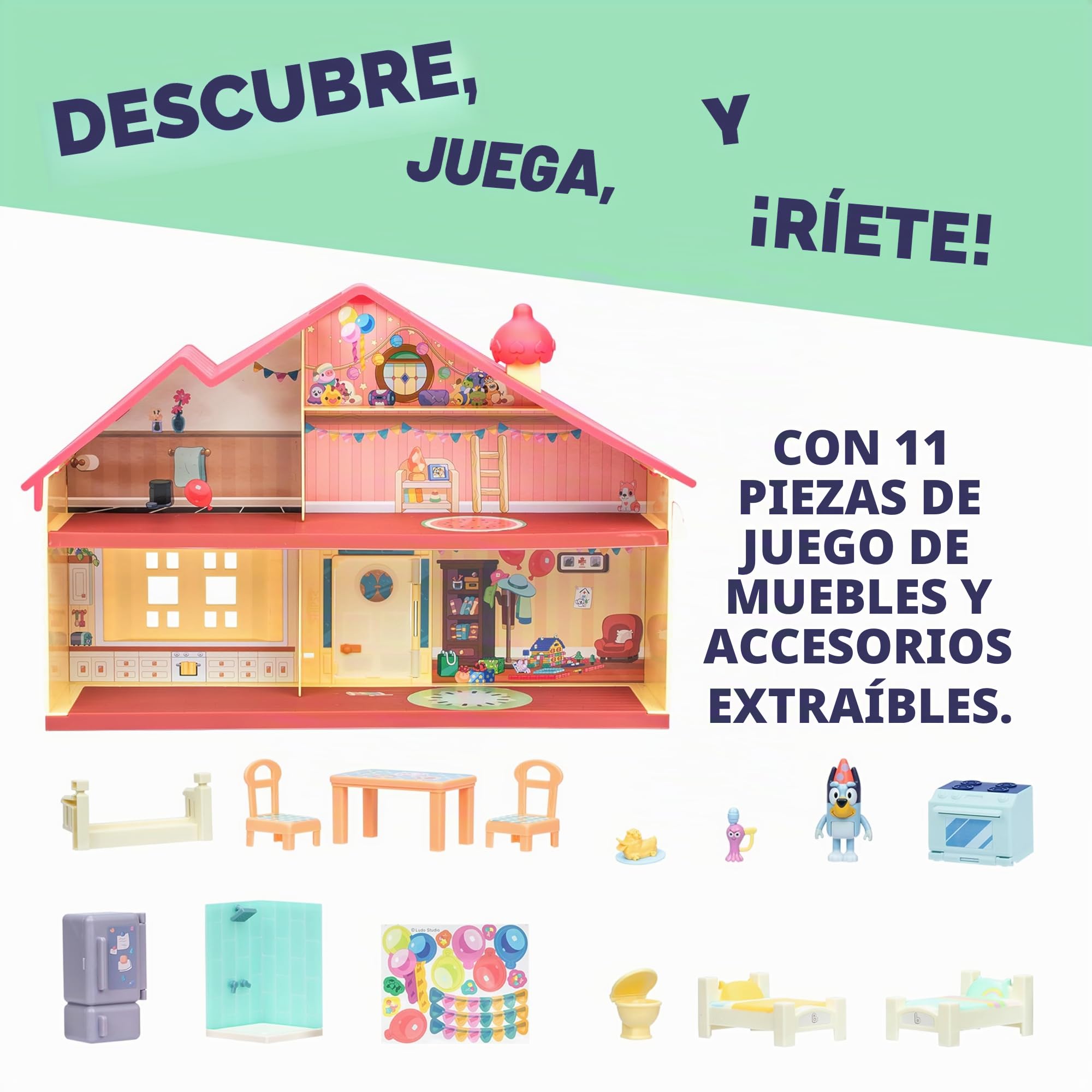Bluey Casa de Celebraciones Ayuda Celebrar su cumpleaños. con 11 Accesorios y Muebles Quita y pon, más 1 Figura Exclusiva 6,3 cm