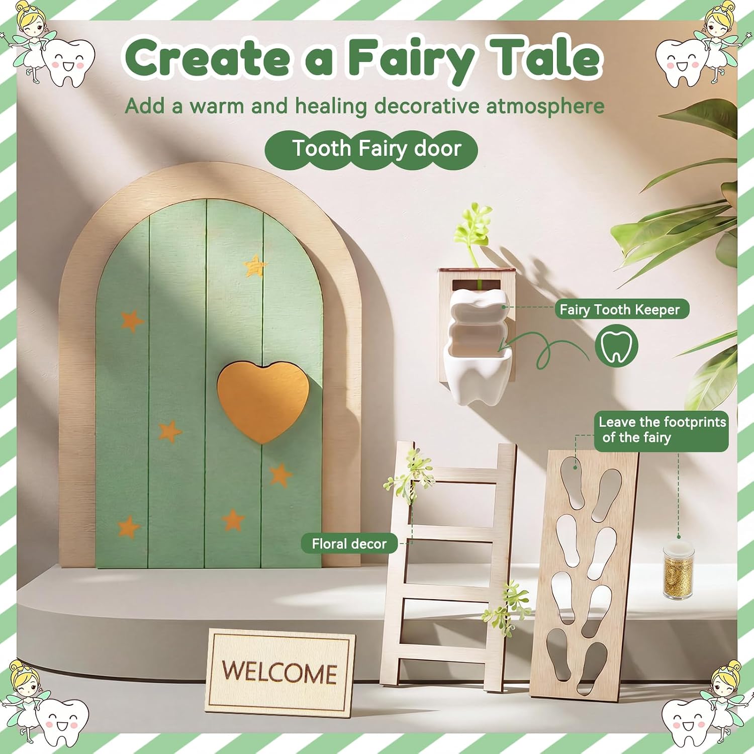 Shappy Tooth Fairy Door Tooth Keepsake Box Sage Green Fairy Door Kit with Teeth Mailbox for Lost Teeth, Ladder, Flag, Mat, Ideal Gift for Girl Boy Kids Bedroom Wall Decor