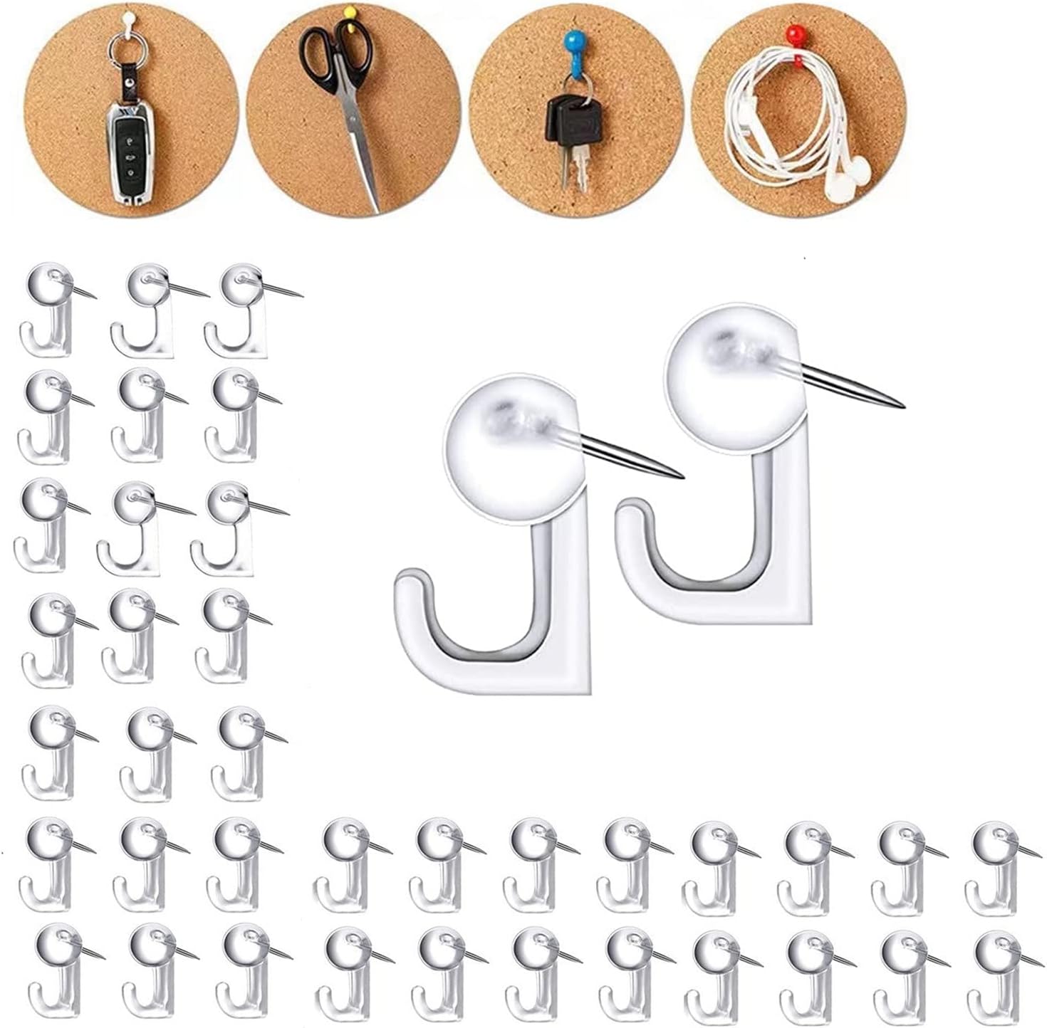 LTWQLing 50 PCS Push Pin Hooks, Plastic Heads Cork Board Hooks Decorative Pin Tacks Wall Thumb Tacks Hook for Photo Wall, Bulletin Board, Home Wall, Home Office School Supplies (Clear)