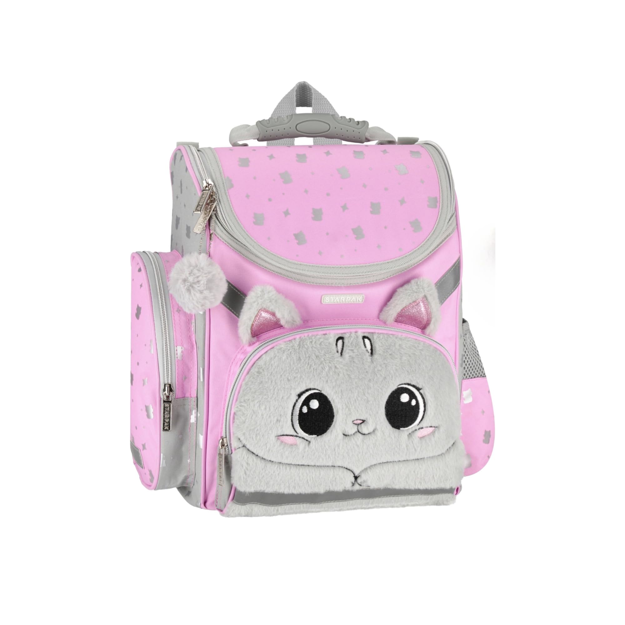 Goldkids - Schulranzen für Jungen und Mädchen, 4er-Set - Schul-Rucksack für Kinder mit Federmäppchen - Schuhbeutel und Hausaufgabenheft - Katze Motiv - 1-3 Klasse