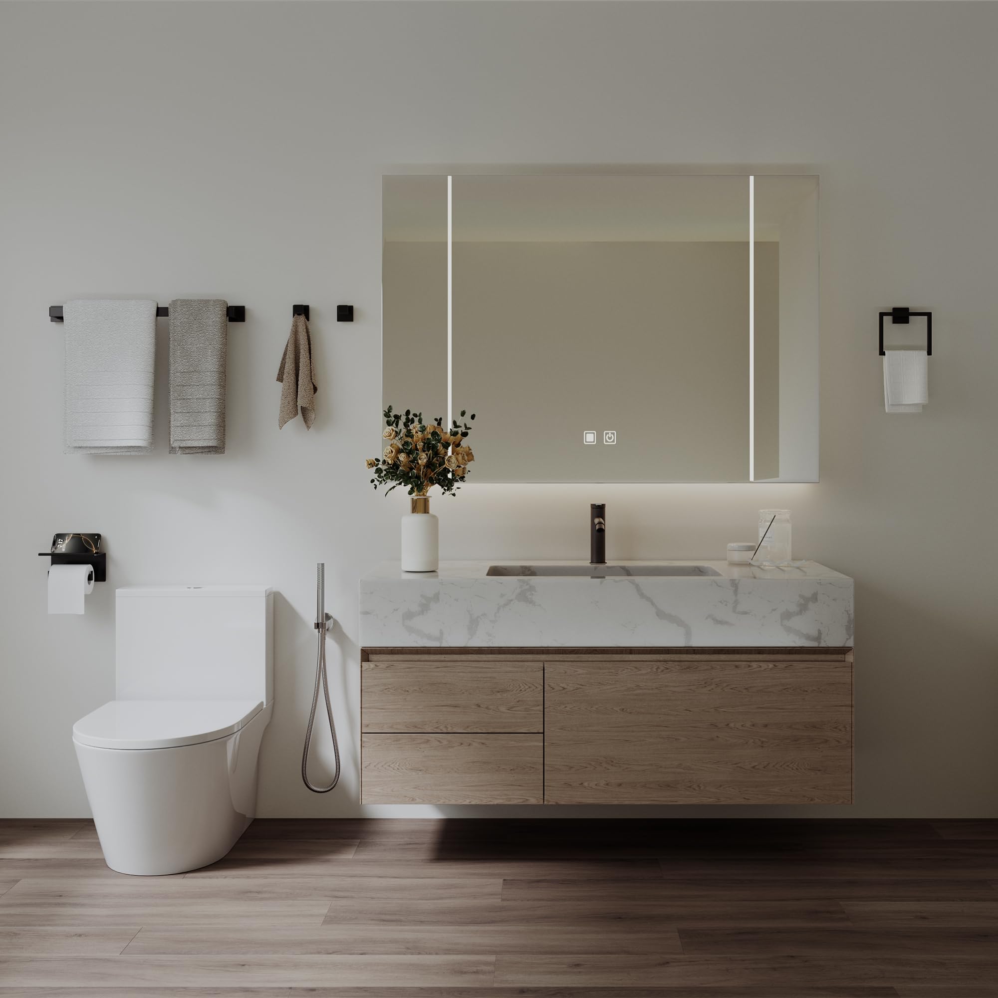 JIXB 10-Piece Matte Black Bathroom Accessories Set, 23.6 Inch Bathroom Hardware Set, SUS304 Stainless Steel Bath Towel Bar Set, Toilet Paper Holder with Shelf, Towel Hooks, Towel Rings Wall Mounted