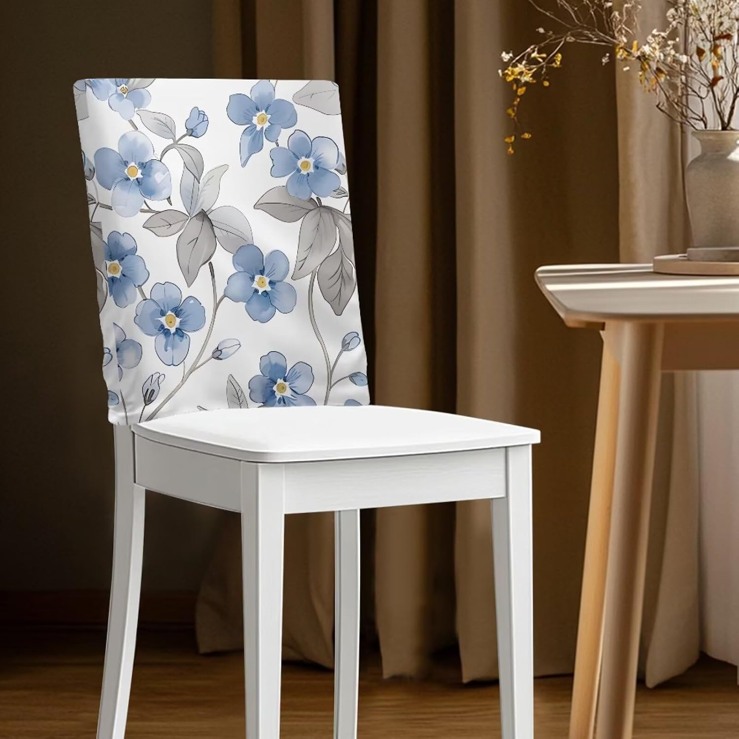 Blue Floral Dining Chair Back Covers Stretch Chair Back Covers Set of 4 Removable Washable Kitchen Chairs Slipcover for Home Party Xmas Decoration