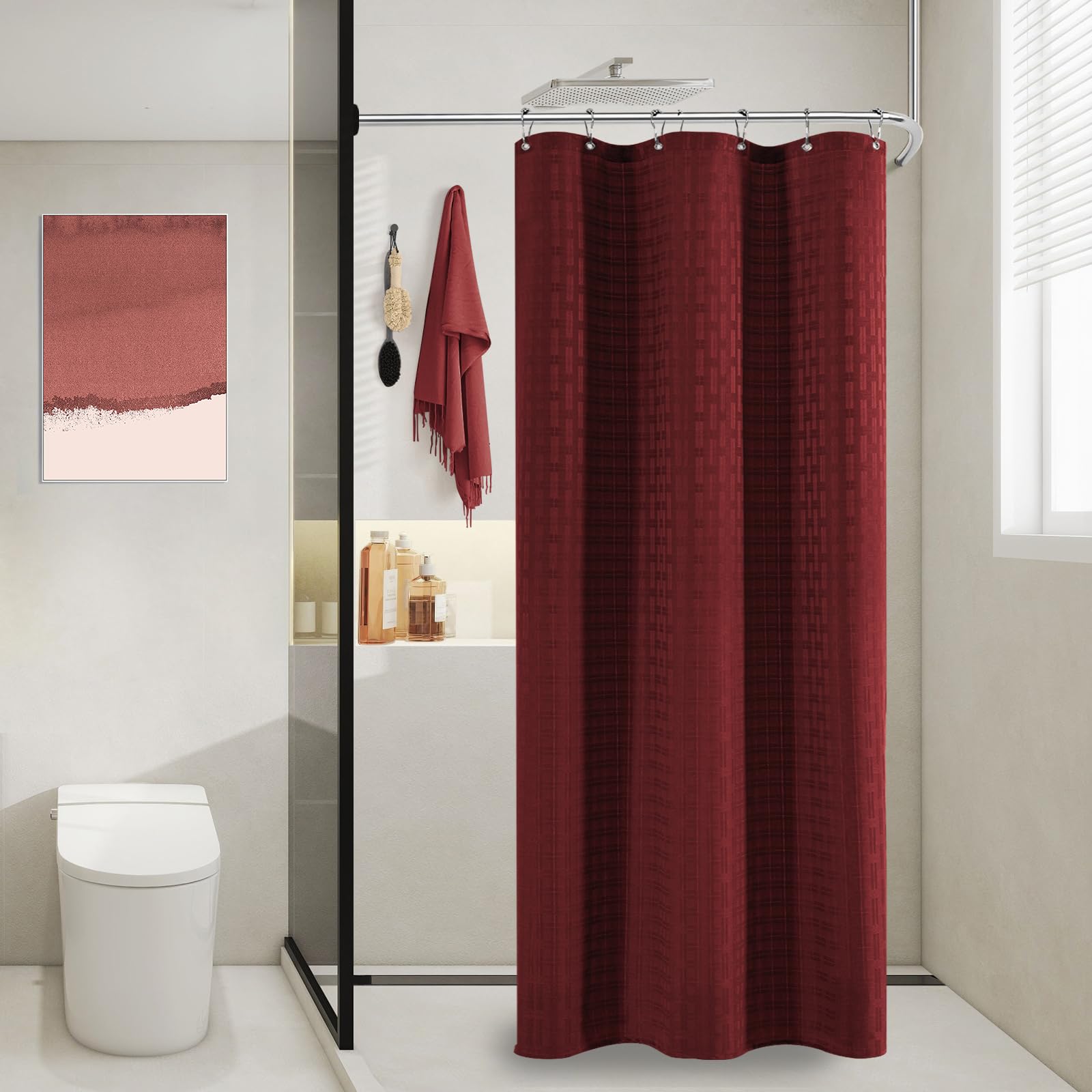 PANGSINNE Stall Burgundy Fabric Shower Curtain - Small Heavy Duty Cloth Shower Curtains for Bathroom, 230GSM Narrow Hotel Spa Luxury Bath Curtain Set