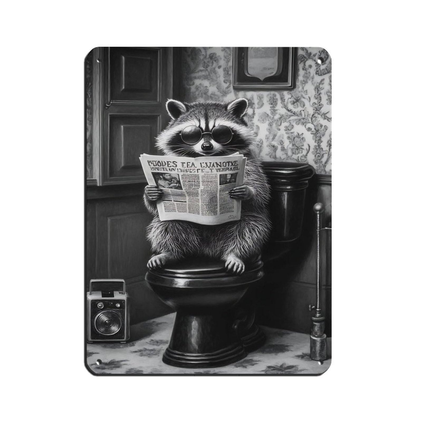 Racoon Reading Newspaper Tin Sign Vintage Metal Pub Club Cafe Bar Home Wall Art Decoration Poster Retro 12x16inch(30x40cm)