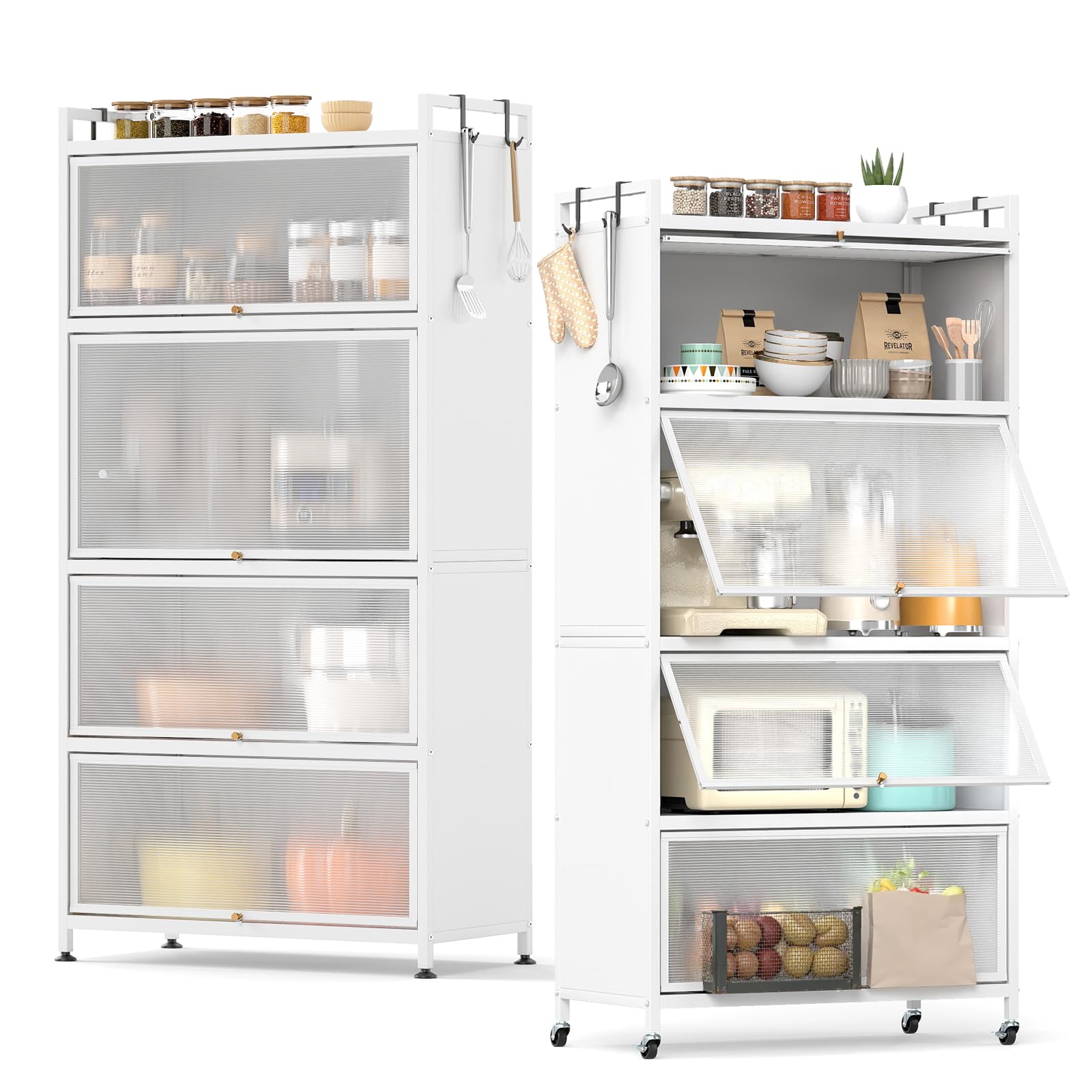 KOMFOTTEU Estantería de Cocina de 5 Niveles de Metal, Mueble Despensa con 4 Patas y 4 Ruedas, Armario para Microondas con Puertas Abatibles, Dispositivo Antivuelco, para Salón Comedor (Blanco)