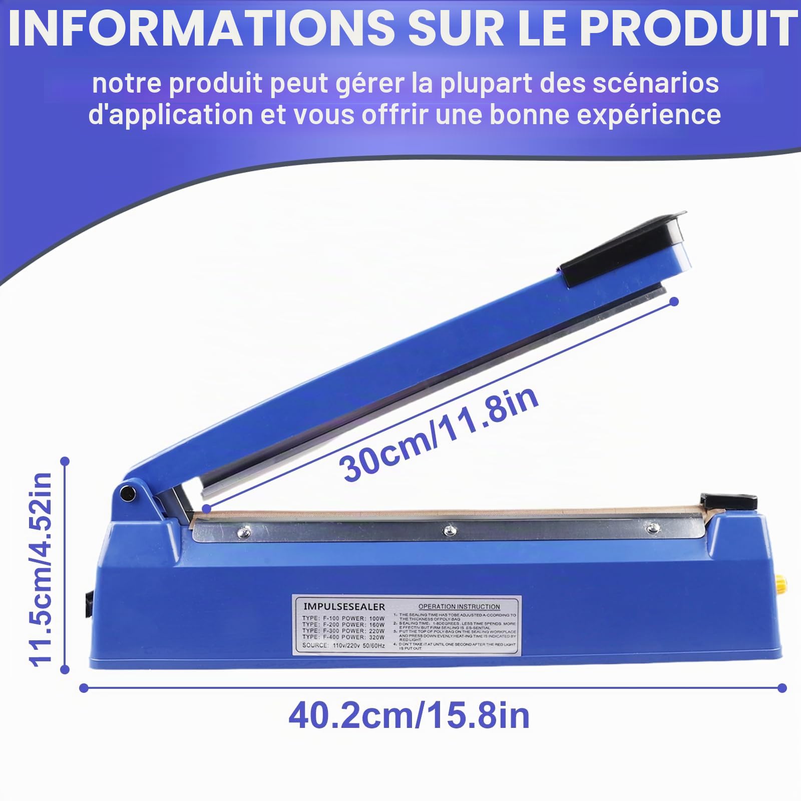 Machine à sceller à chaud 300 mm - Machine à sceller des films en plastique - Largeur d'étanchéité : 3 mm - Soudeuse portable - Pour films plastiques thermoplastiques