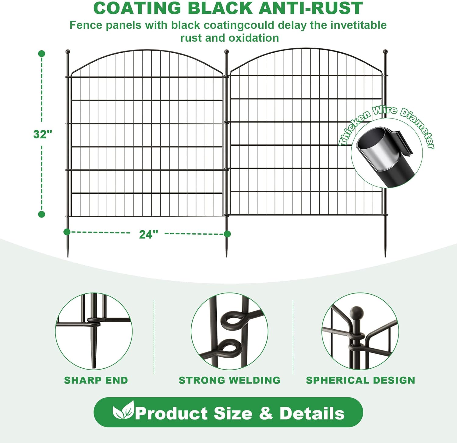 32 in(H) x24 Ft(L) No Dig Heavy Duty Metal Fence - 10 Panels Thick Rust-Resistant Decorative Fence Posts for Yard Security, Garden, Lawn, Farm and Poultry (Black)