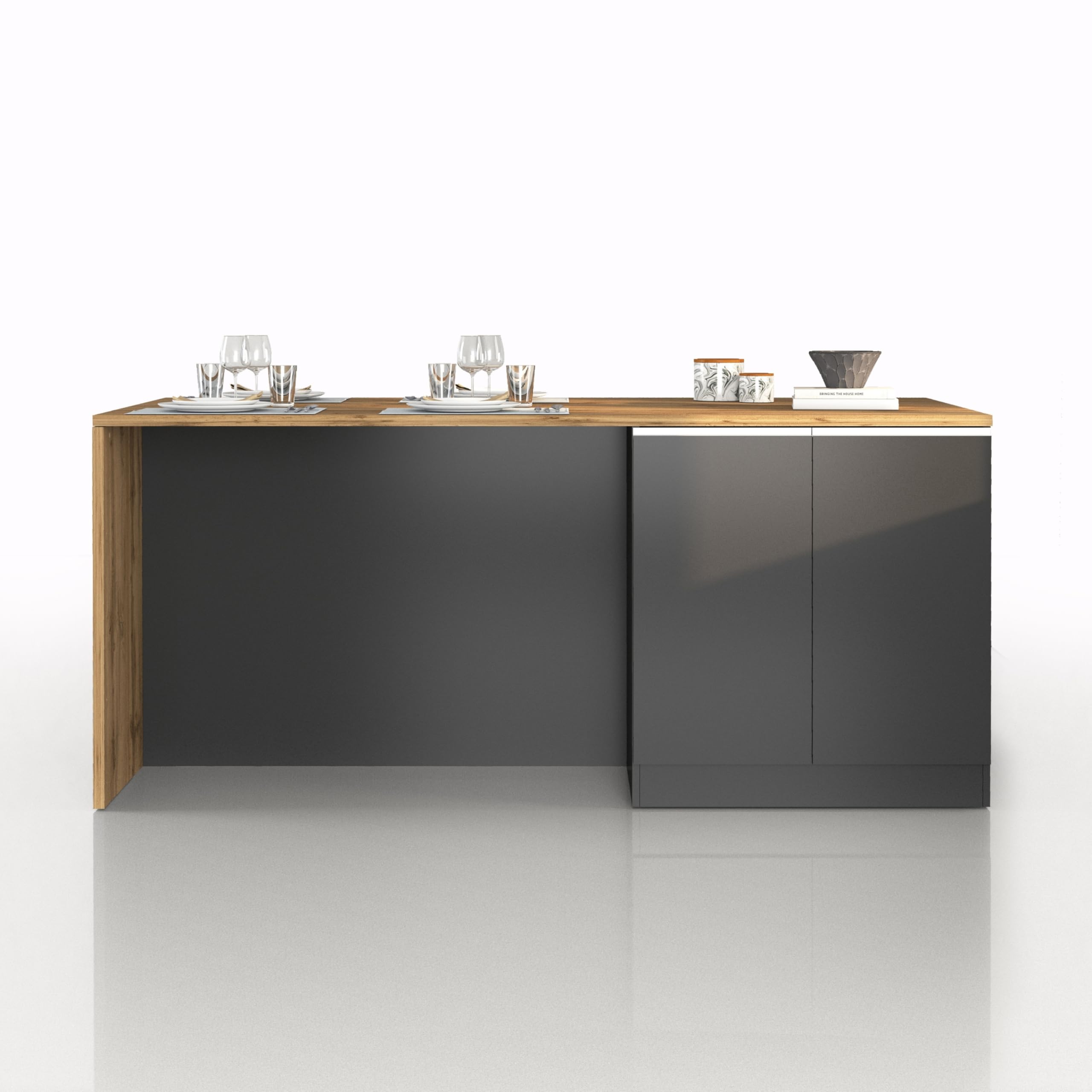 WHOUS Îlot de Cuisine Sole avec 4 Portes, Table à Manger et Plan de Travail, Idéal pour Les Cuisines Ouvertes ou Petits Espaces, Dimensions 200 x 90 x 90 cm, Bicolore Anthracite Opaque et Chêne