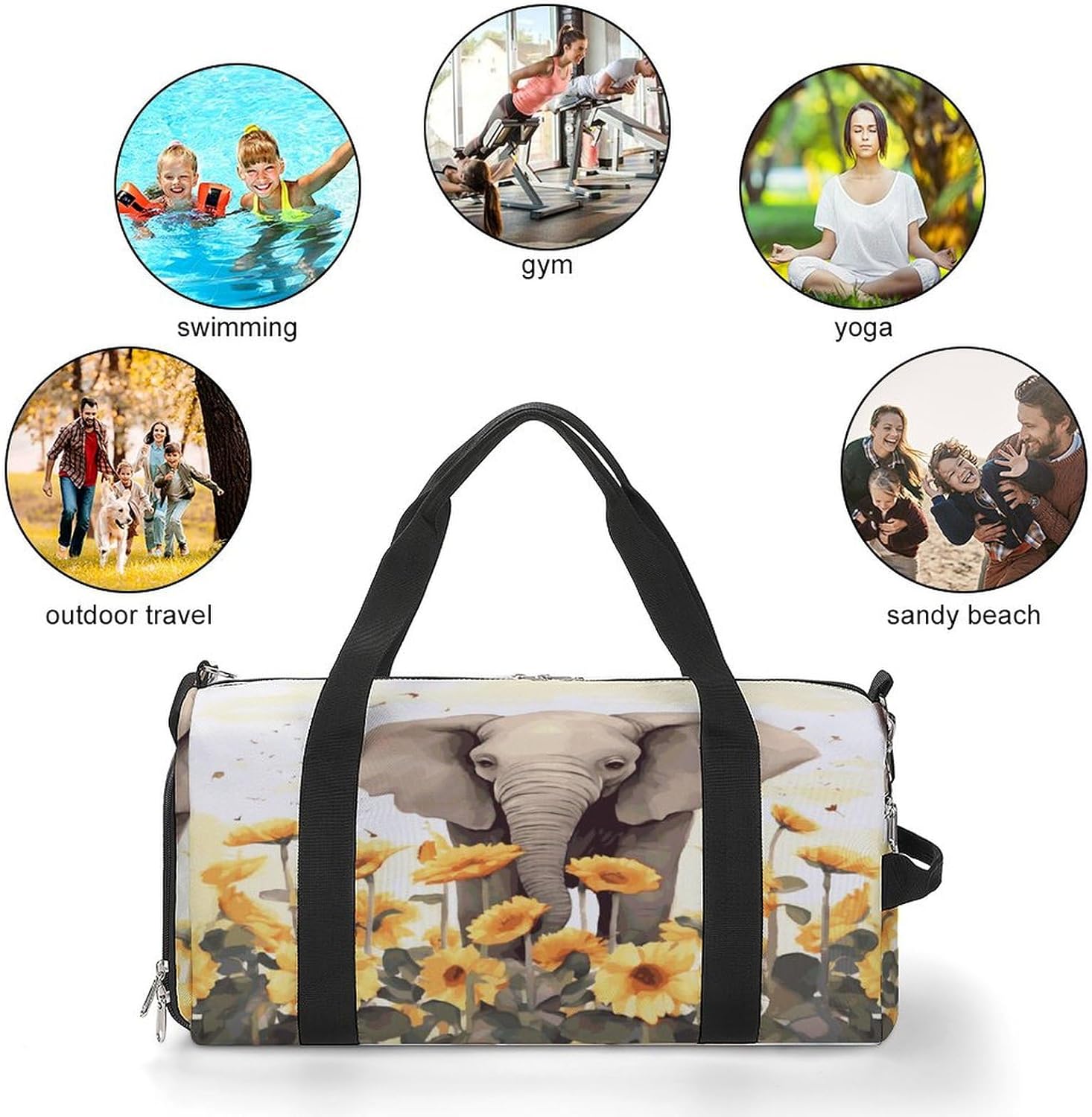 Elephant And Sunflower Barrel Gym Bags for Men And Women, Duffle Bag for Travel Sports Bag Camping Weekend Carry on Overnight Duffel Bag with Shoulder Strap