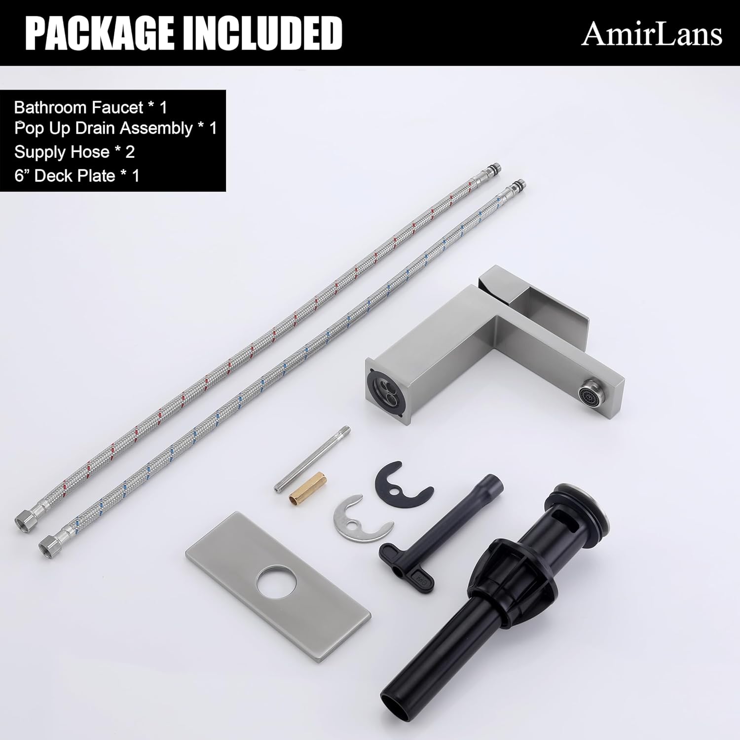 Single Hole Bathroom Faucet, AmirLans Stainless Steel Brushed Nickel Bathroom Faucet with Pop Up Stopper, Bathroom Sink Faucet AML-1141-BN