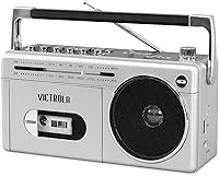 Vista 5 de Victrola Mini Boombox Bluetooth con reproductor de cassette, grabadora y radio Am/FM, gris