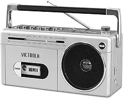 Victrola Mini Bluetooth Boombox VBB-25-SLV com leitor de cassetes, gravador e rádio AM/FM, prata