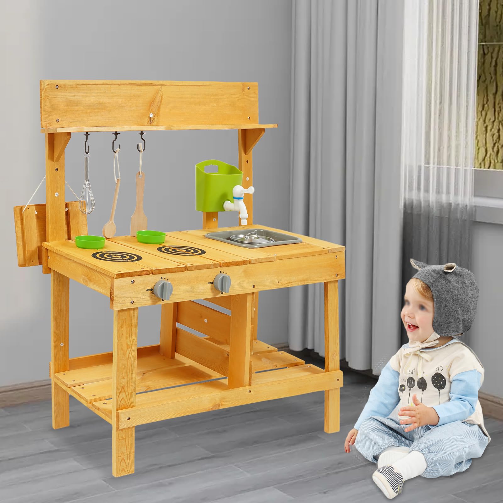 Matschküche Kinder Outdoor, Kinderküche Holz mit Spüle, Outdoor-Matschküche aus Holz, Gartenküche Outdoorküche, Spielküchen-Set für Kinder von 3-8 Jahren