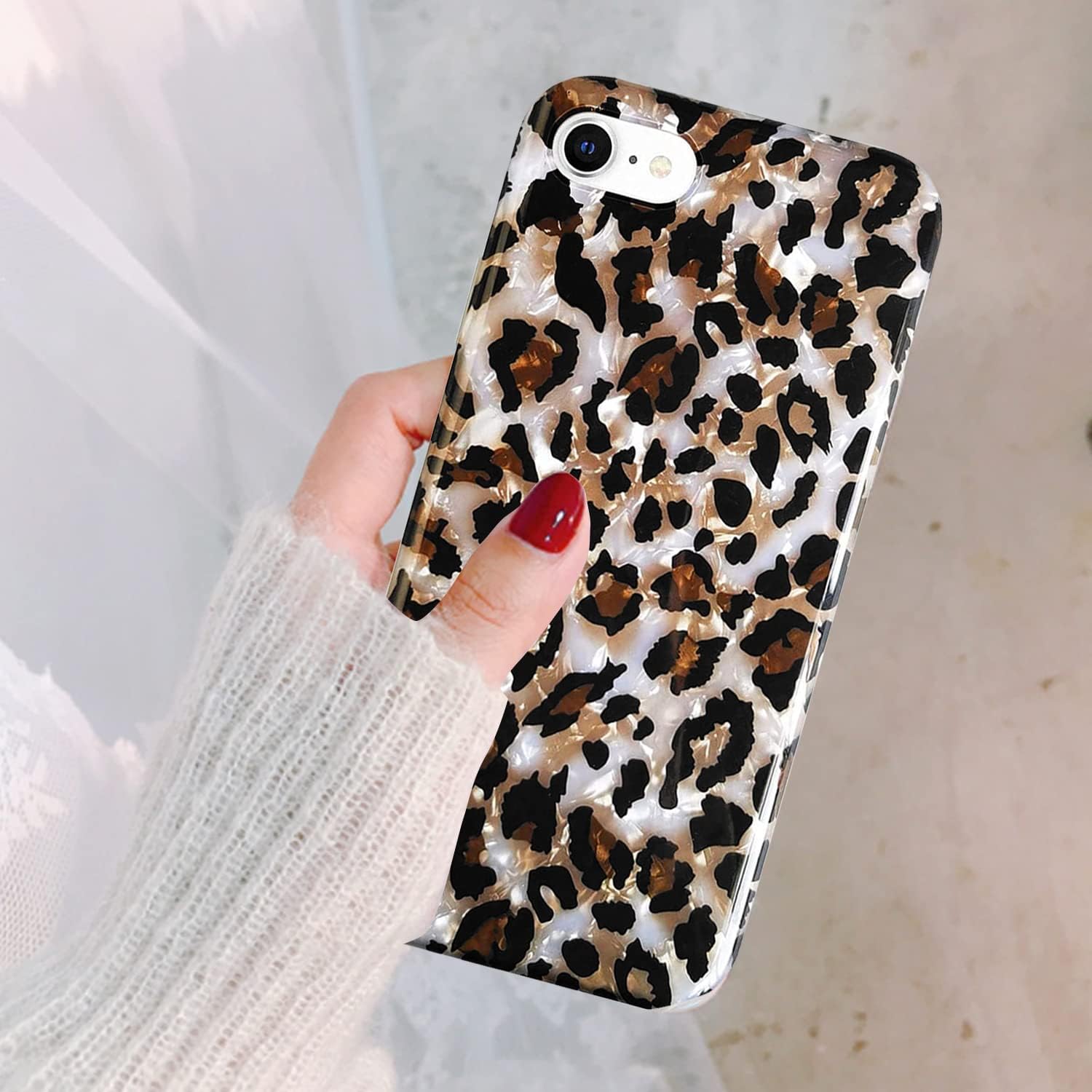J.west Leopard Case for iPhone SE 2020 2nd 2022 3rd, iPhone 8, iPhone 7 4.7-inch, Cute Cheetah Print Sparkle Pearly Slim Soft Flexible Protective Silicone Phone Case Cover Bumper for Girls Women