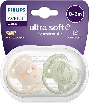 Philips Avent Ultra Soft Pacifier, 0‑6 Months for Male Babies, 2’ Pack, Orthodontic Silicone, FlexiFit Shielded, Ultra Soft, BPA Free, Carrying Box, SCF091/07