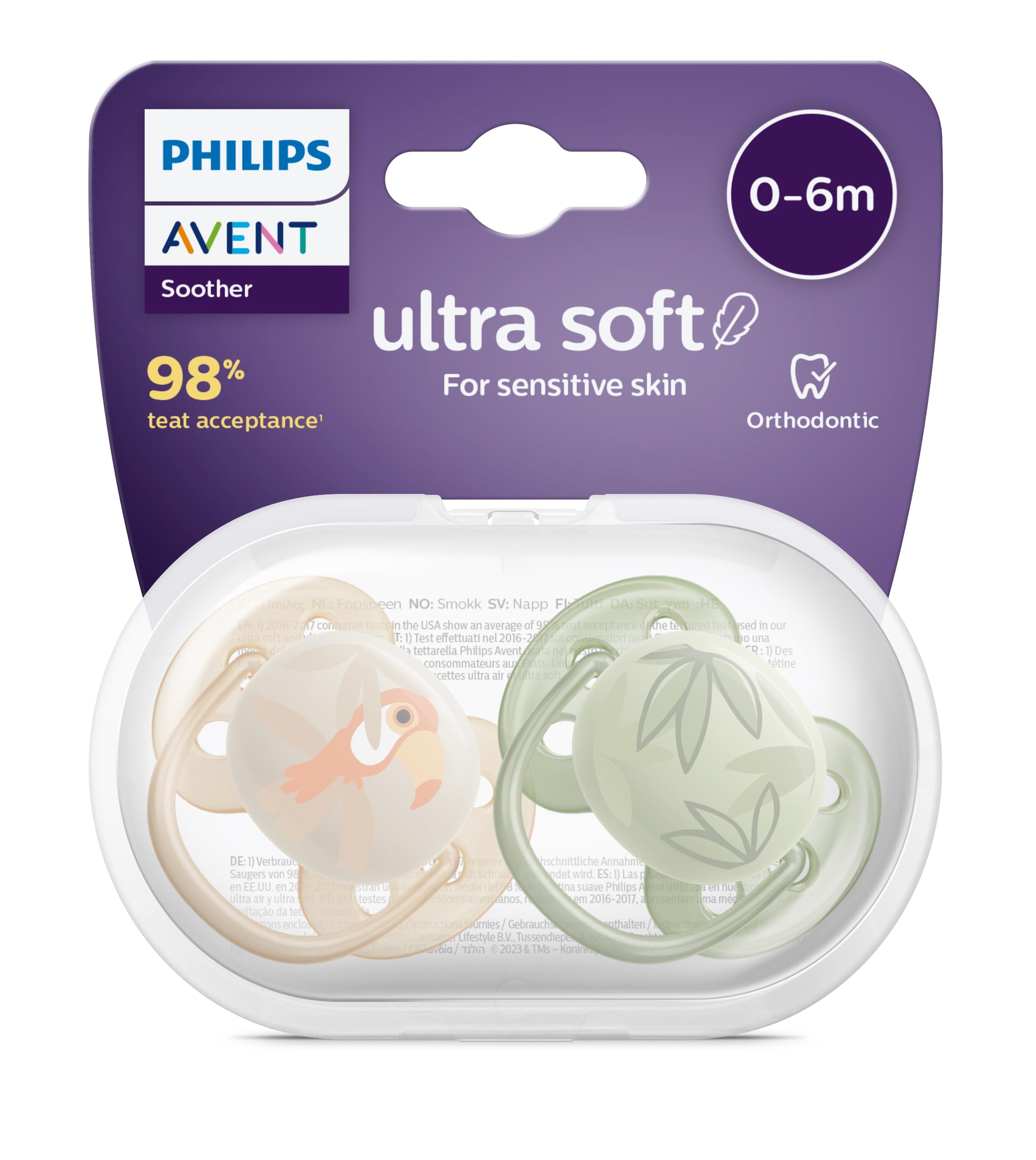 Philips Avent Ultra Soft Emzik, Erkek Bebekler için 0‑6 Ay, 2’li Paket, Ortodontik Silikon, FlexiFit Kalkanlı, Ultra Yumuşak, BPA İçermez, Taşıma Kutulu, SCF091/07