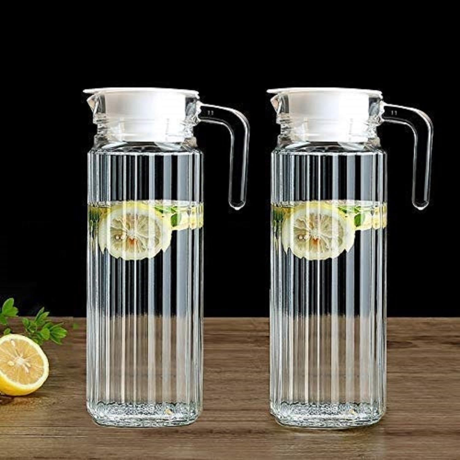 Glass Water jug with lid || jug for Water || Juice jug || jug for hot Cold Water || Milk and Juice Beverage Carafes(Lining) 1.1 LTR (Set of 2)