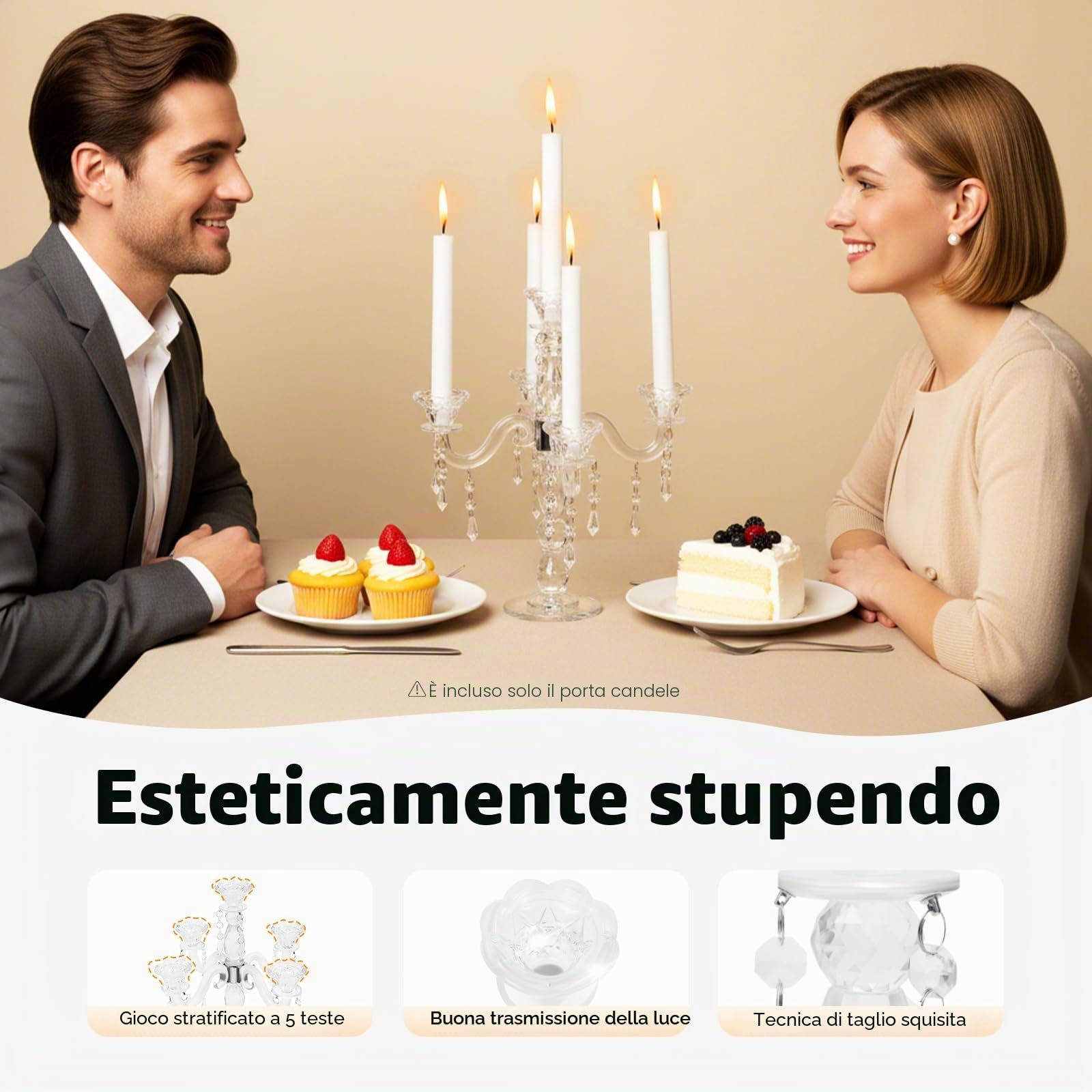 Portacandele a 5 rami in cristallo, altezza 35,5 cm, decorazione da tavolo per matrimoni, lampadario in cristallo trasparente con 5 portacandele