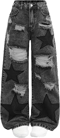 Plus Size Womens Distressed High Waist Jeans with Star Patches, Ripped Wide Leg Denim Pants
