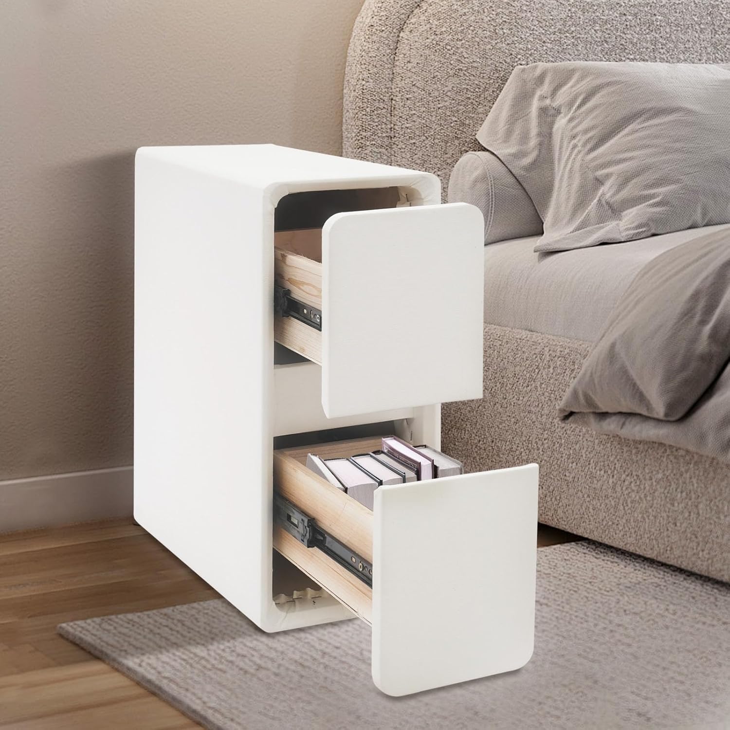 Narrow Nightstand, Modern Bedside Table Side Table with 2 Drawers Storage Cabinet for The Bedroom,Dormitories, Living Rooms (White, 7.87 * 15.35 * 18.5in)