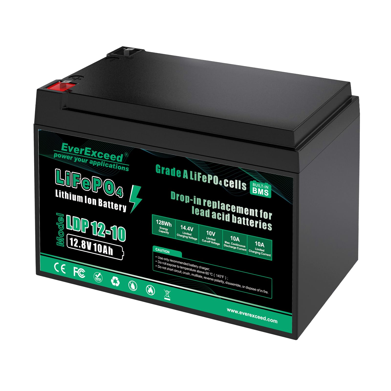 EverExceed 12V 10Ah LiFePO4 Battery Built-in 10A BMS
