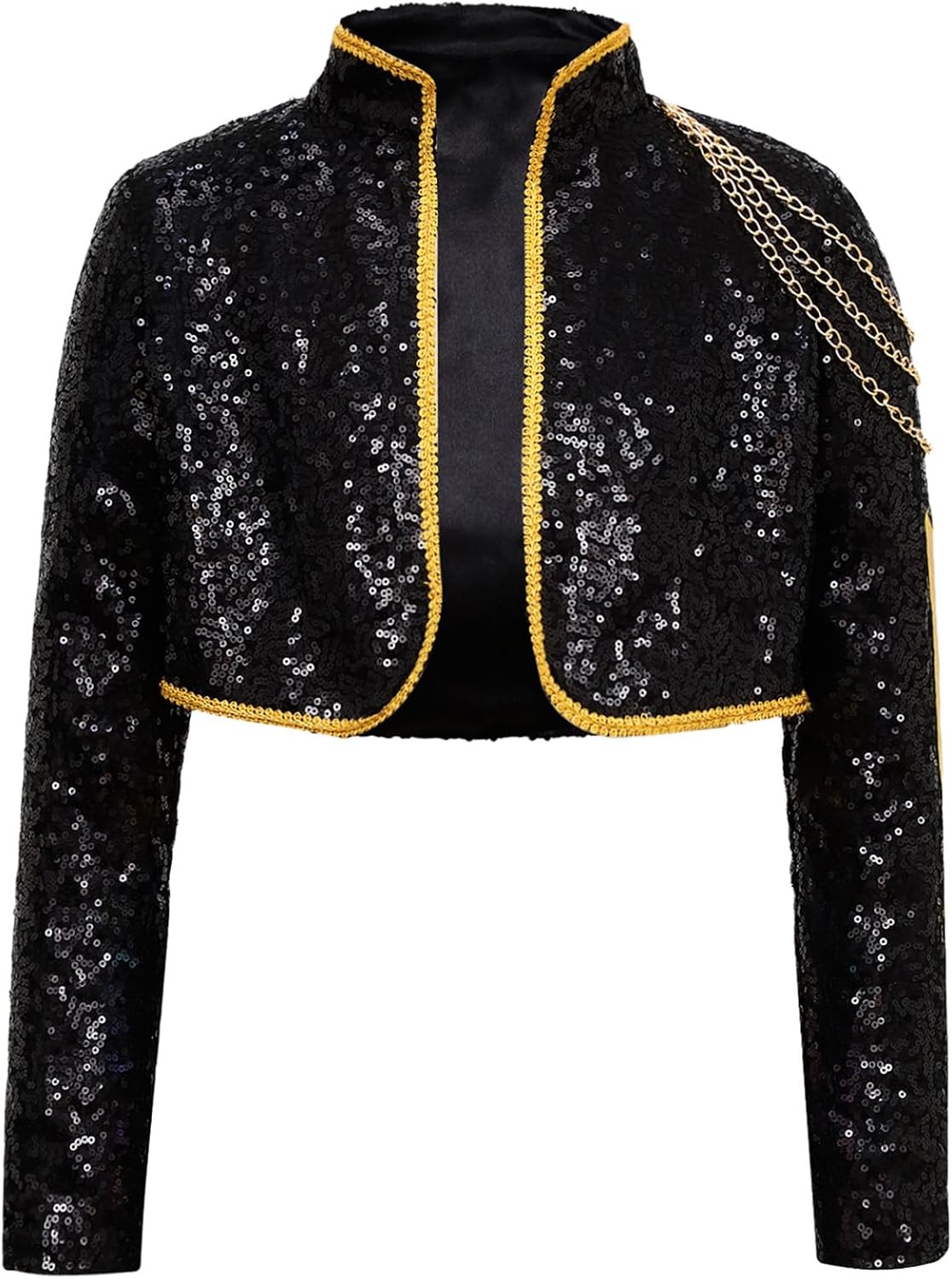 Kids Girls Shiny Sparkle Tailcoat Stand Collar Gold Braided Trimming Jacket for Children's Day