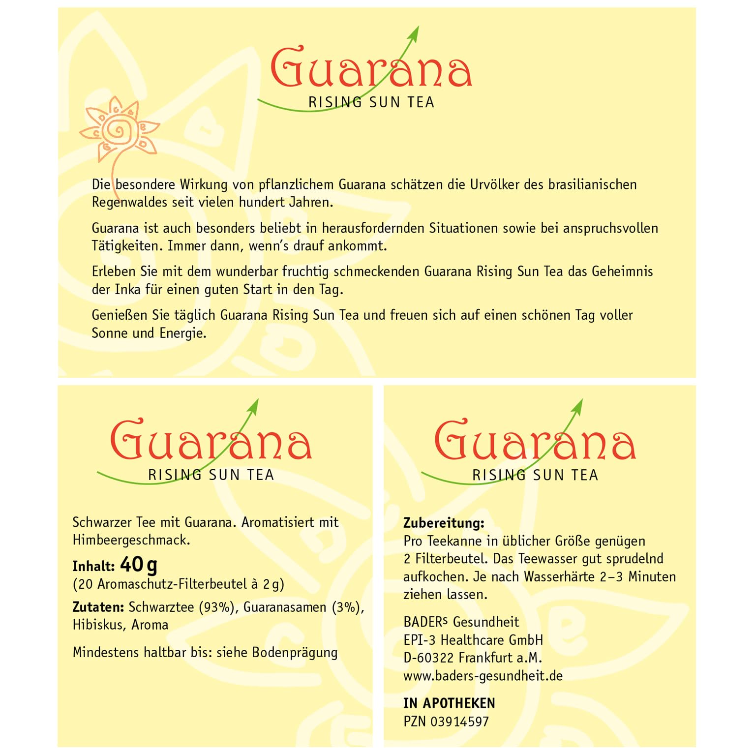Ralf BADERs Gesundheit GUARANA RISING Sun Herbata z apteki, czarna herbata z guaraną, budzi się na duchu, 2 x 20 worków filtracyjnych, PZN 0314597, 80 g