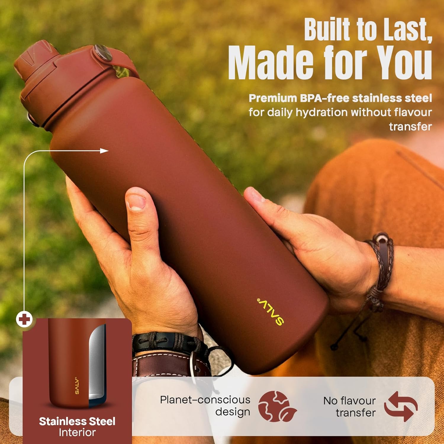Salv Brown 40 oz Insulated Water Bottle – Reusable Stainless Steel, Leak-Proof, BPA-Free, Keeps Water Cold for 24H – With Handle for Gym, Travel & Hiking - Image 6