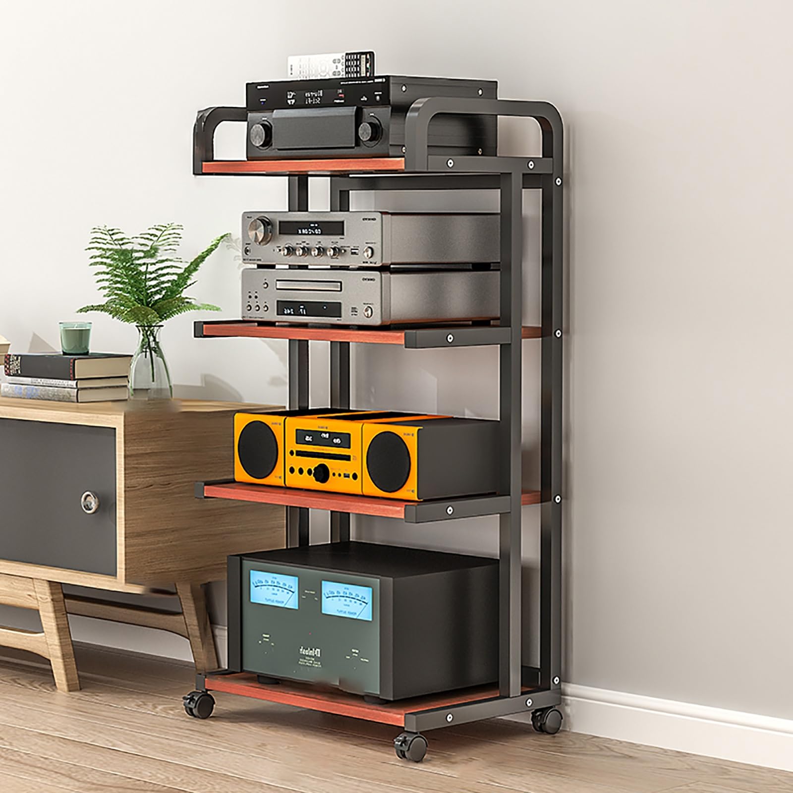 Étagère audio-vidéo pour salon et salle de jeux, meuble hi-fi mobile avec roulettes