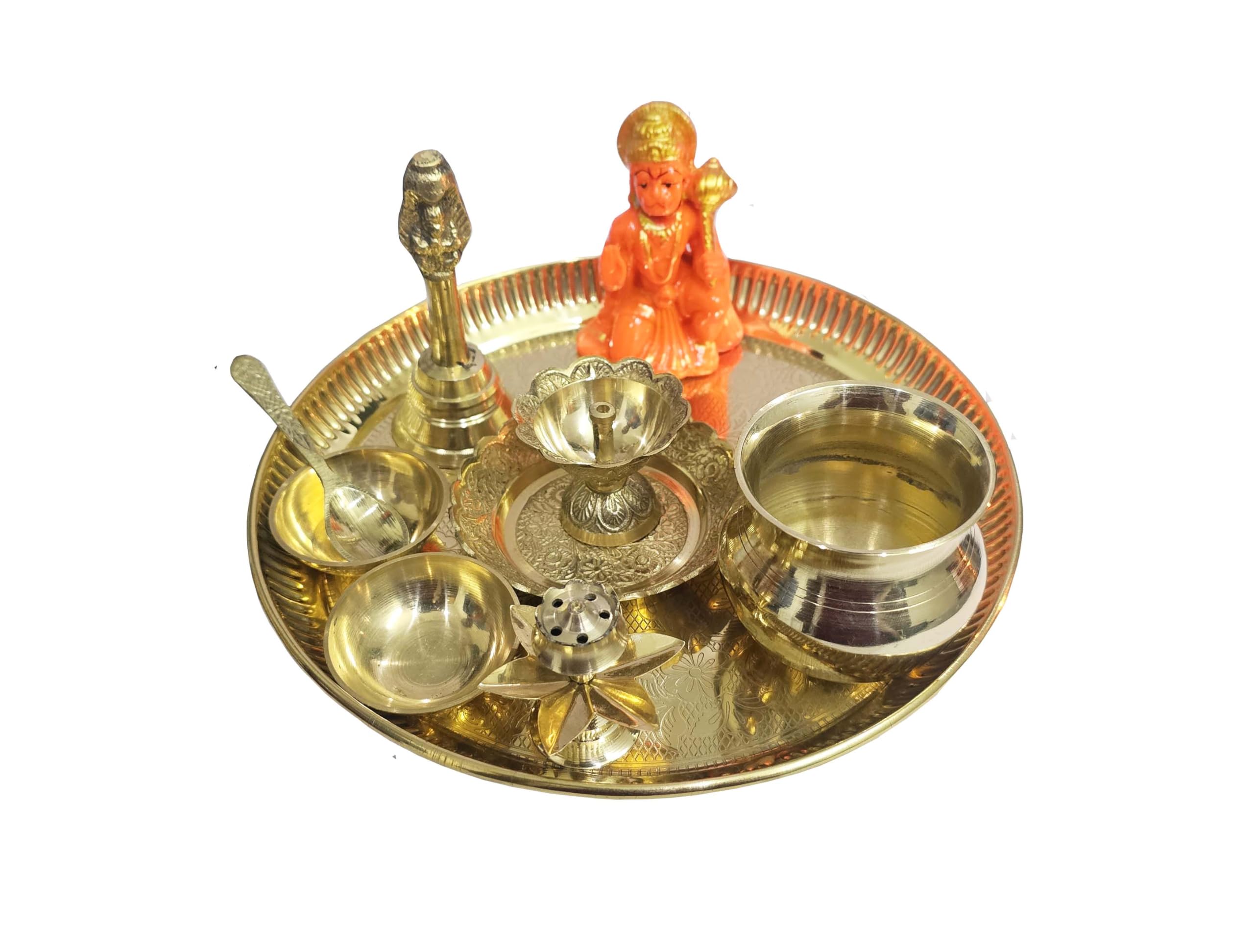 BRACOP® Brass Oil Lamp Decorative Matal Diya Hindu Pooja Samagri Indoor Diya Ghee Lamp Indian Pooja Thali Set Round Plate with Mini God Statue Idol Figurine Hindu Temple Décor Spiritual Gift