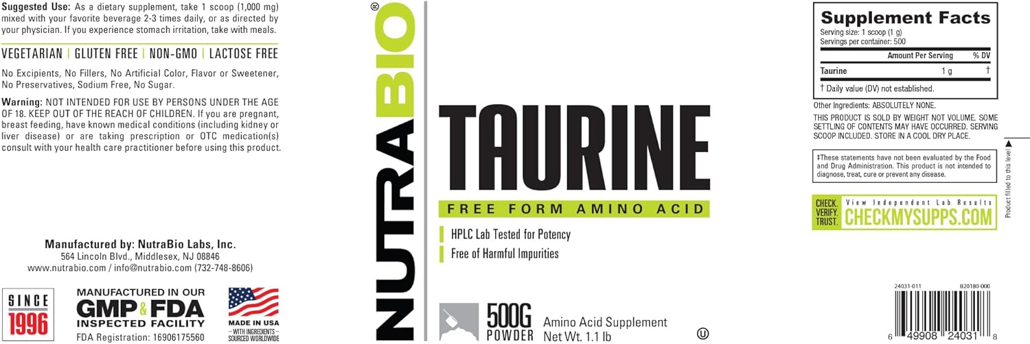 NutraBio Taurine Powder 500g | Pure Free-Form L-Taurine Amino Acid Supplement | Supports Cellular Health, Energy, and Wellness | Non-GMO, USP Grade - Image 3