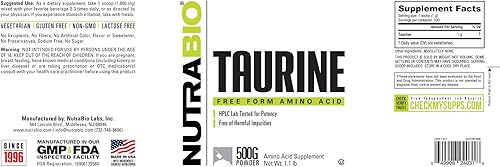 Miniatura 3 de NutraBio Polvo de taurina 17.64 oz | Suplemento de aminoácido L-taurina de forma libre pura | Apoya la salud celular, energía y bienestar | Sin OMG,