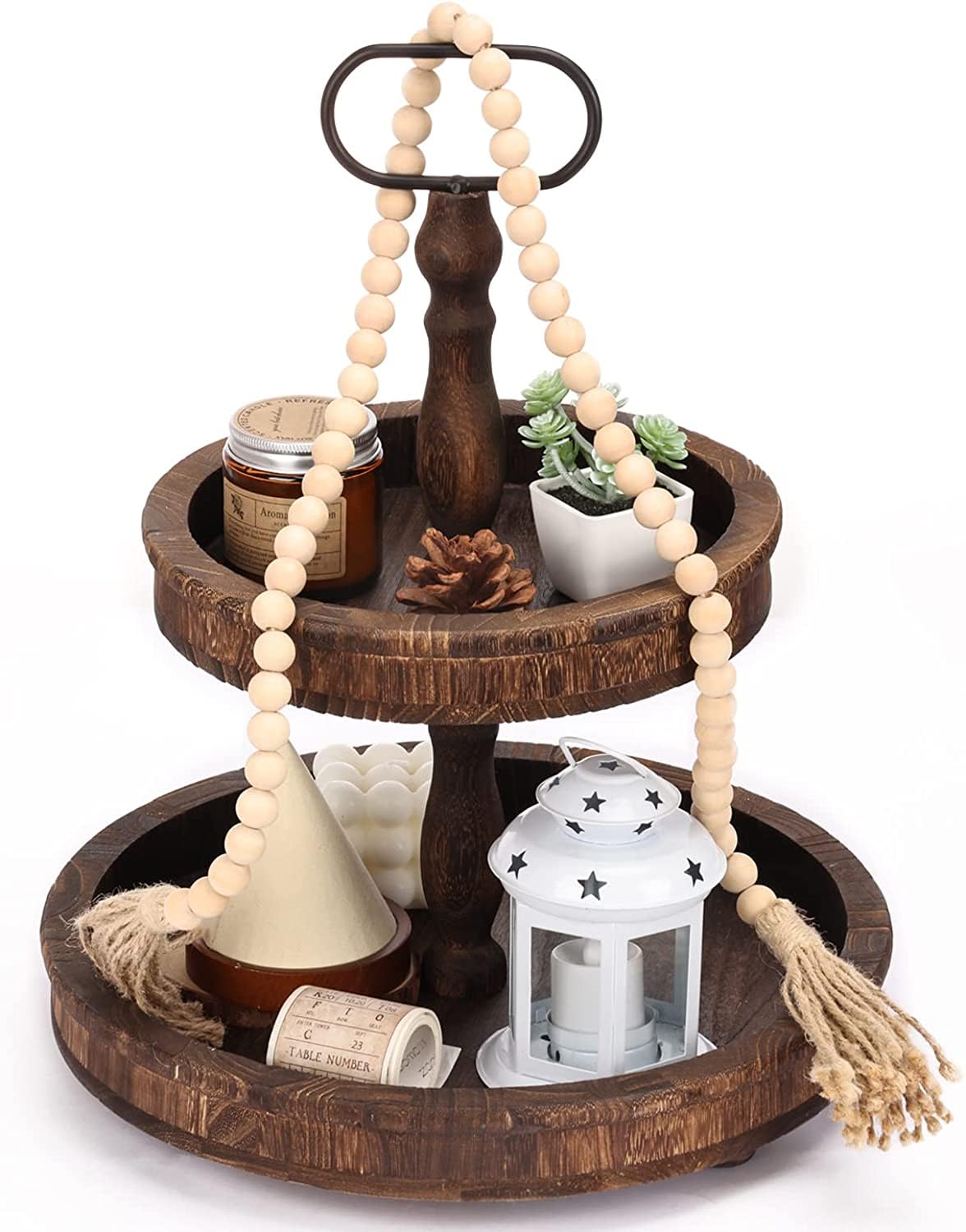 THE WHITE SHOP Decorative Trays, Tiered Tray Decor Farmhouse Two Tiered Tray Brown Tiered Serving Tray Wood Tray with Wooden Beads String for Kitchen Coffee
