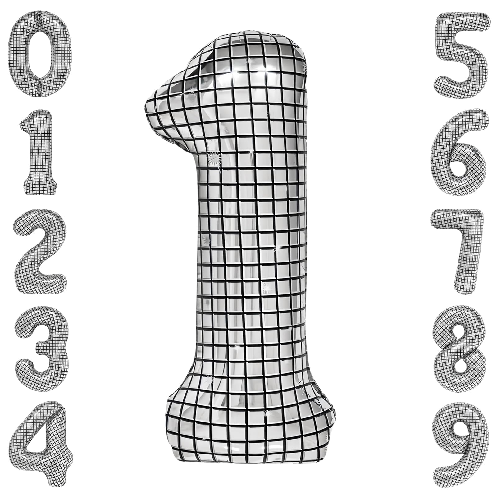 40 Inch Large Silver Disco Ball Print Number Balloon for New Year's Eve, 70s Birthday Party Supplies, Disco Party Decorations Number 1