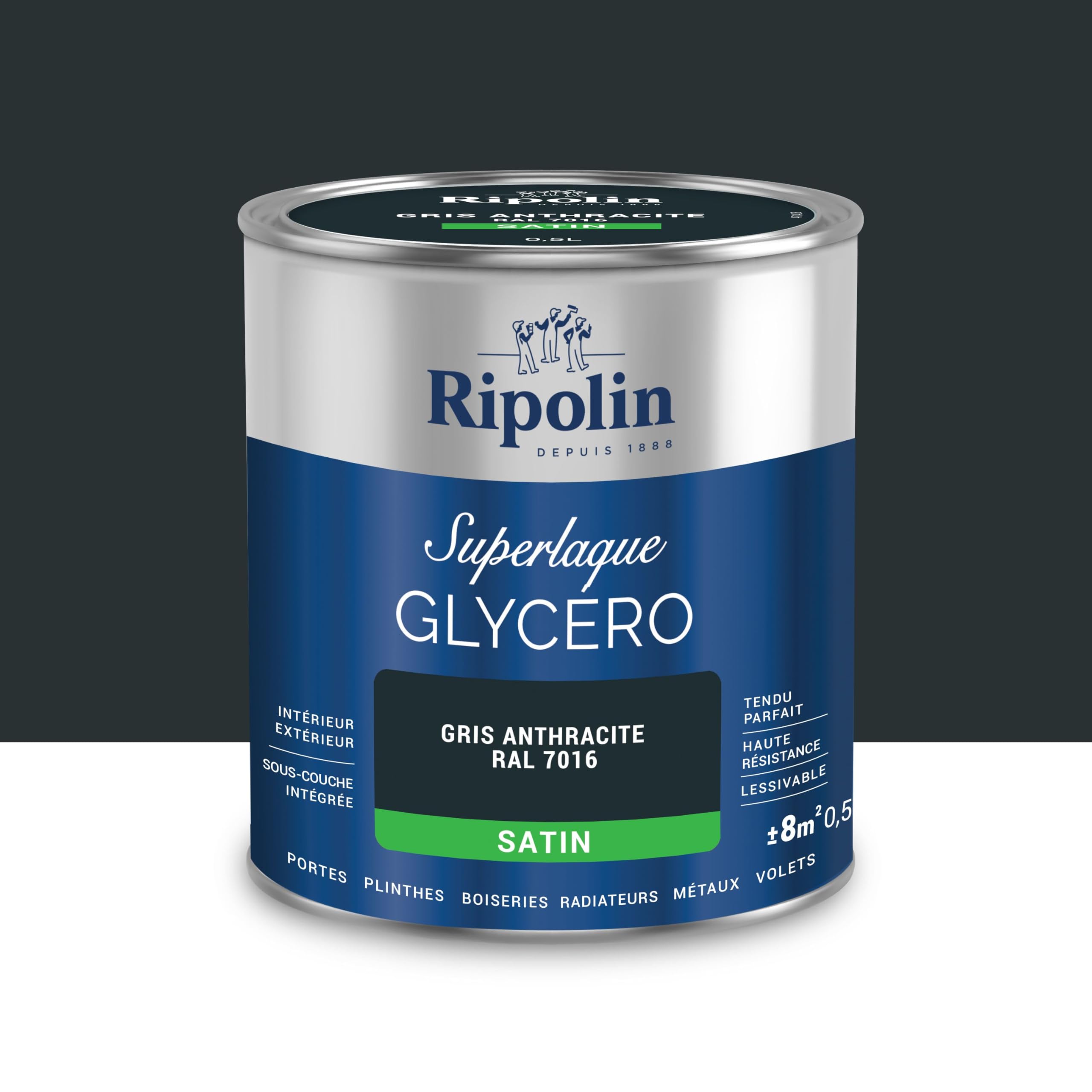 RIPOLIN - Peinture Laque Glycéro Intérieure/Extérieure - Boiseries et Structures Métalliques - Résistance Accrue - Durabilité Remarquable - Gris Anthracite Ral 7016 - Satin - 0,5L