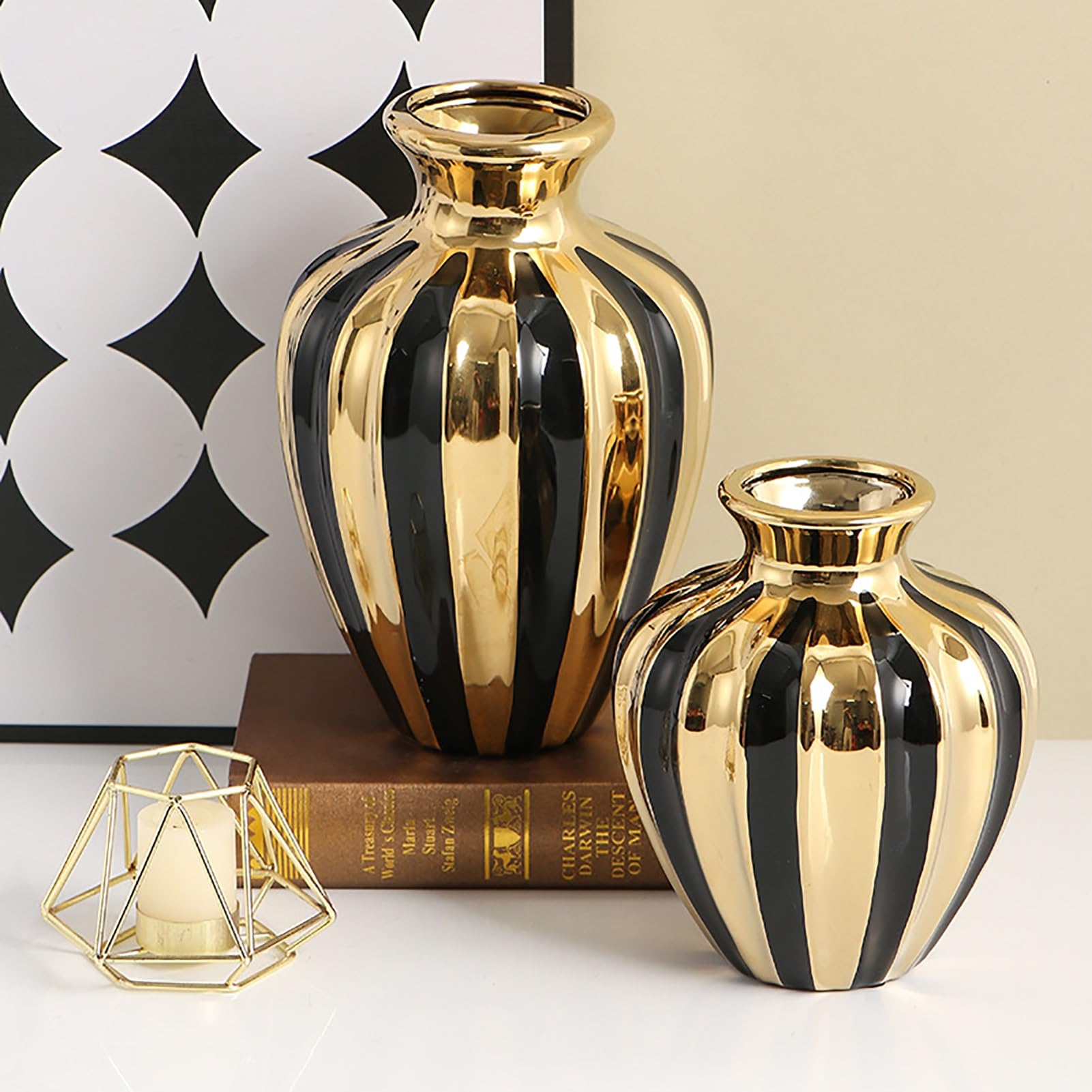 Luksusowy Ceramiczny Wazon W Kolorze Czarnego Złota, Elegancki Słoik Na Imbir- Kreatywne Wazony Na Kwiaty Wystrój Domu - Do Trawy Pampasowej, Salonu, Stołu Jadalnego, Prezentu(33CM/13INCH)