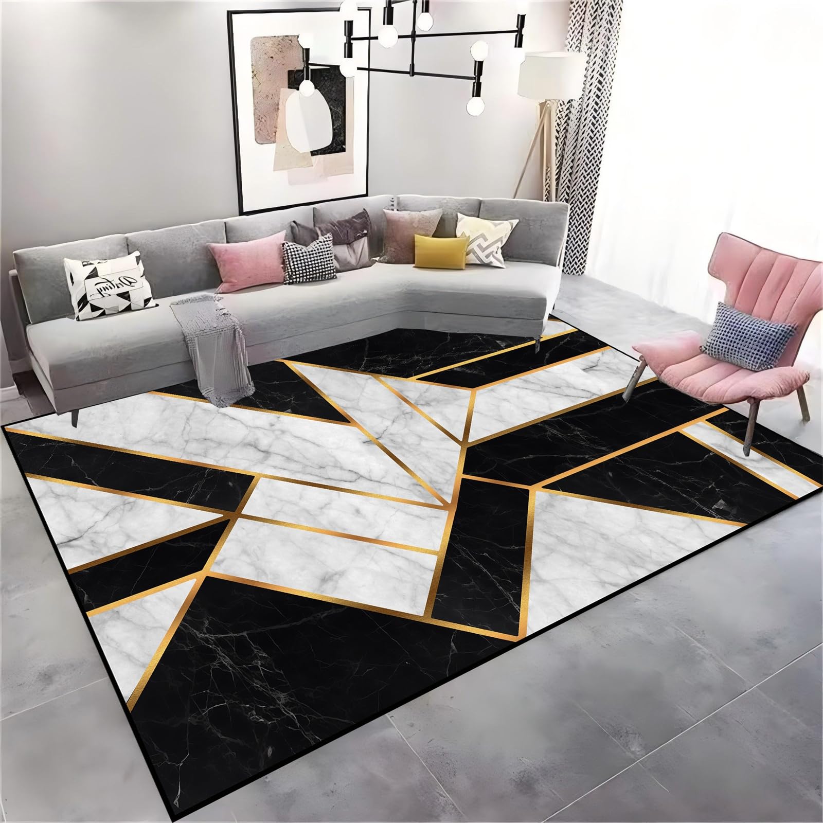 HONGXIU Luxury Marble Area Rug, 180x230cm Modern Black and White Texture Geometric Pattern Marble Rug With Non-Slip Rubber Backing Low Pile Rugs for Bedroom Kitchen Home Decor Washable Carpet