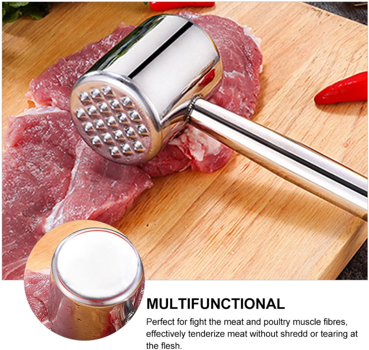 2pcs Stainless Steel Meat Hammer Mallet Heavy Duty Kitchen Tool for Tenderizing Beef Chicken Steak Ergonomic Grip Non- Design for Home Cooking