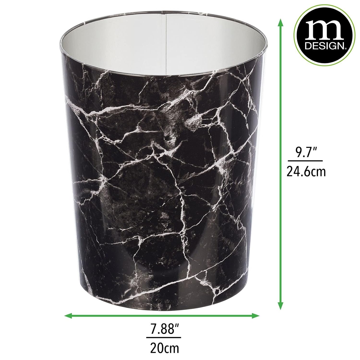 mDesign Round Metal Small 1.7 Gallon Recycle Trash Can Wastebasket, Garbage Container Bin for Bathrooms, Kitchen, Bedroom, Home Office - Durable Stainless Steel - Mirri Collection - Black Marble