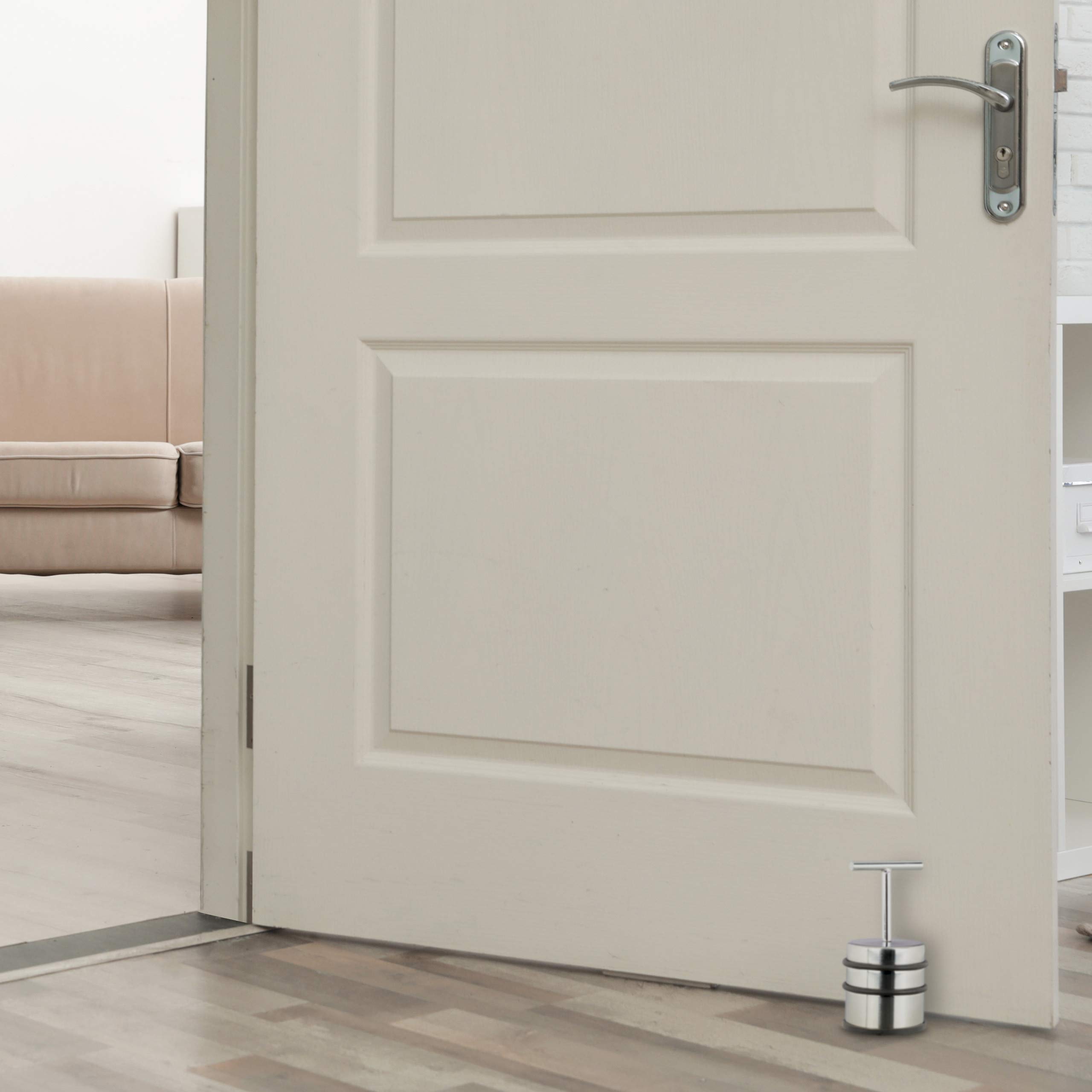 4x Fermaporta con Manico, Blocca Porta e Finestra, Rotondo e Alto, da Interno, Acciaio e Gomme, ∅ 7 cm, Argento